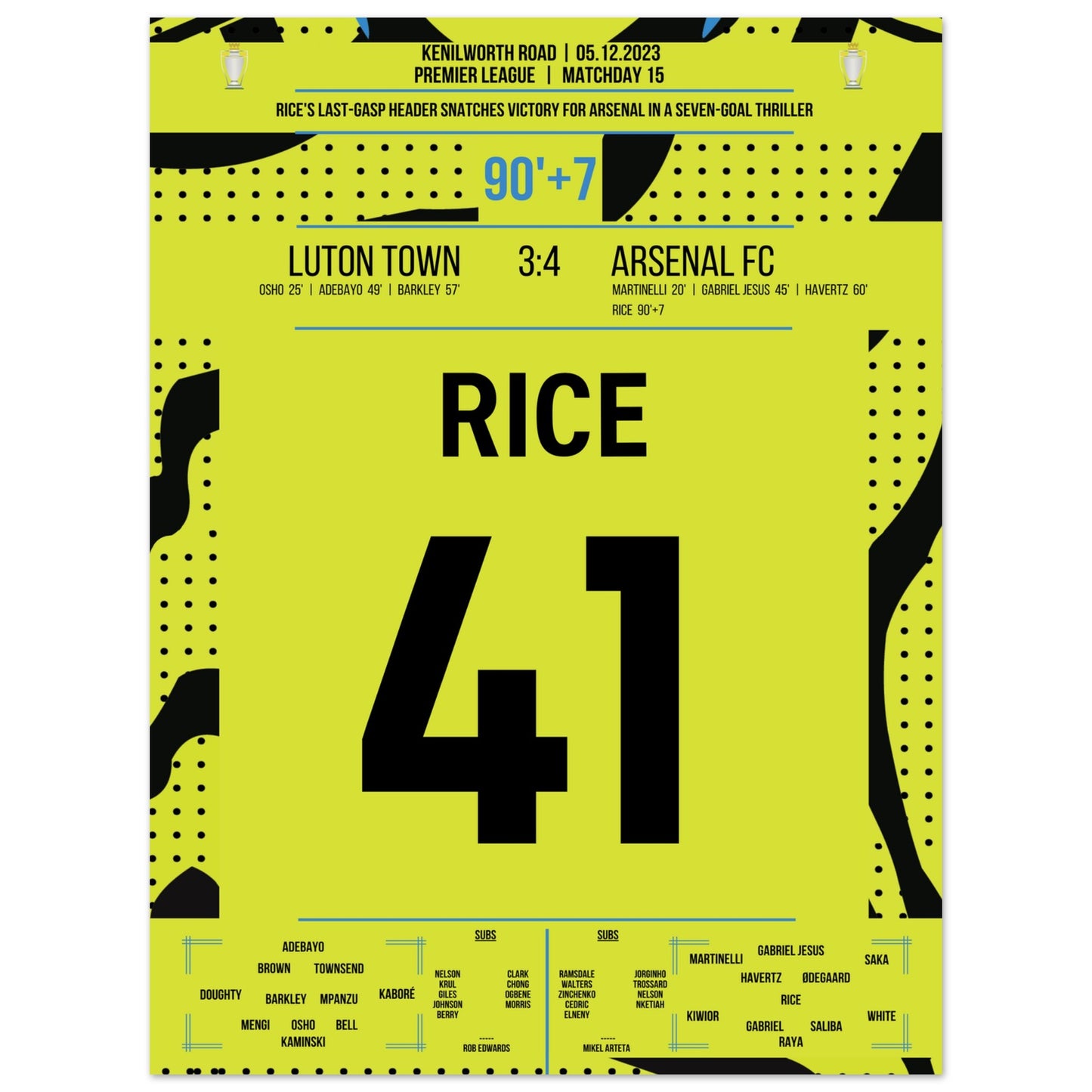 Rice köpft Arsenal in letzter Sekunde zum Auswärtssieg 30x40-cm-12x16-Ohne-Rahmen