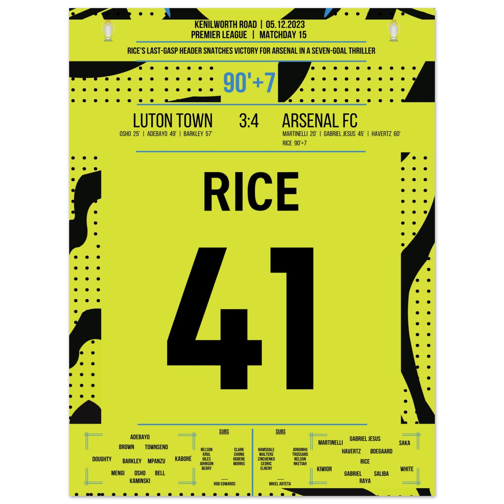 Rice köpft Arsenal in letzter Sekunde zum Auswärtssieg 30x40-cm-12x16-Ohne-Rahmen