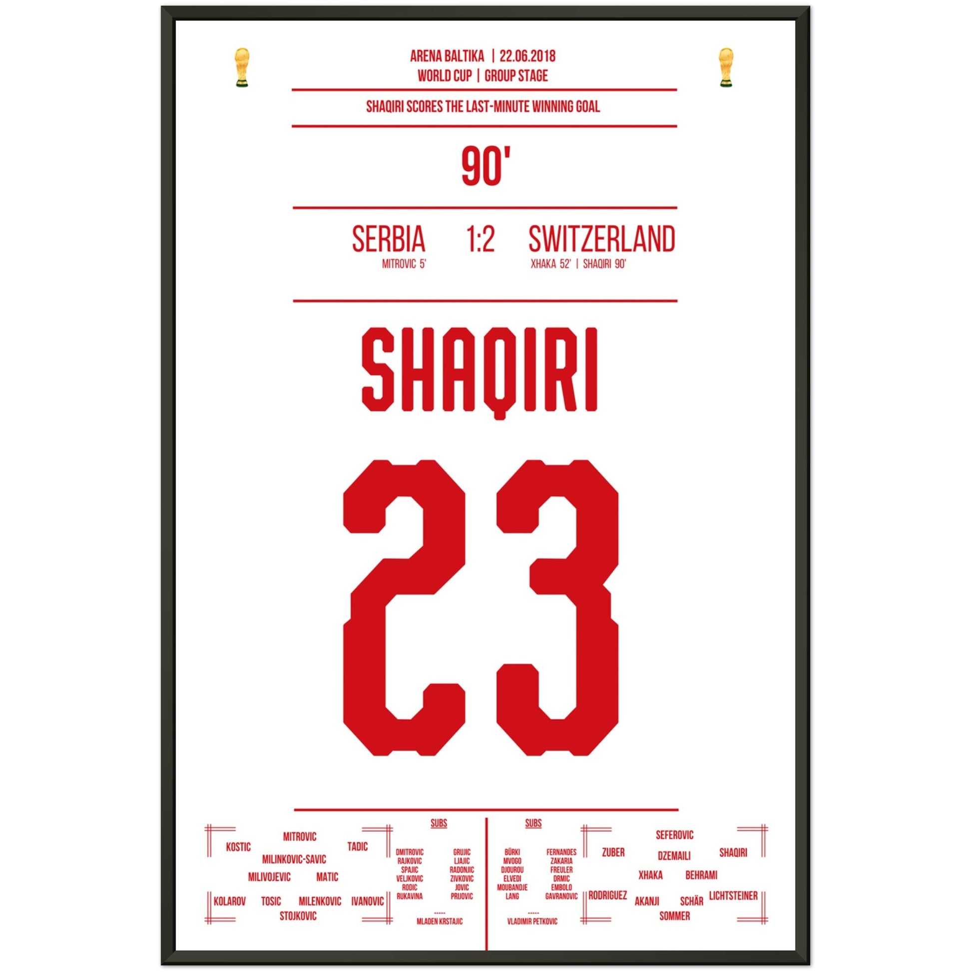 Shaqiri's Last-Minute Siegtreffer gegen Serbien bei der WM 2018 60x90-cm-24x36-Schwarzer-Aluminiumrahmen