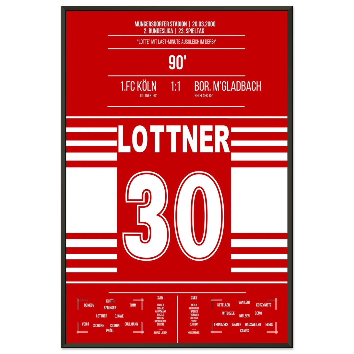 Lottner's Ausgleich in der 90. im Derby gegen Gladbach in 2000 60x90-cm-24x36-Schwarzer-Aluminiumrahmen