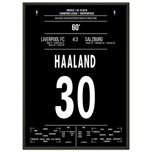 Haaland's Auslgeichstreffer bei Salzburg's wildem Fight in Anfield 2019 50x70-cm-20x28-Schwarzer-Aluminiumrahmen