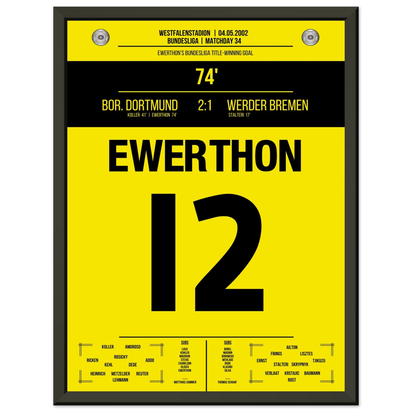 Ewerthon's Tor zu Dortmunds Meisterschaft 2002 30x40-cm-12x16-Schwarzer-Aluminiumrahmen