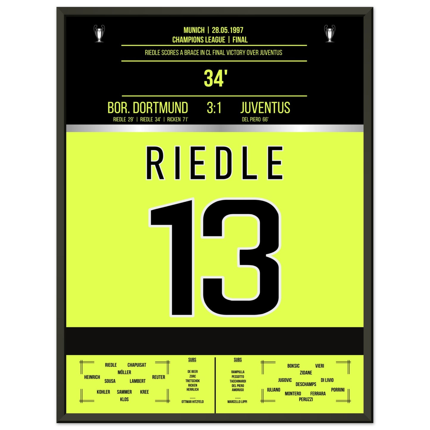 Riedle's Doppelpack im Champions League Finale 1997 45x60-cm-18x24-Schwarzer-Aluminiumrahmen