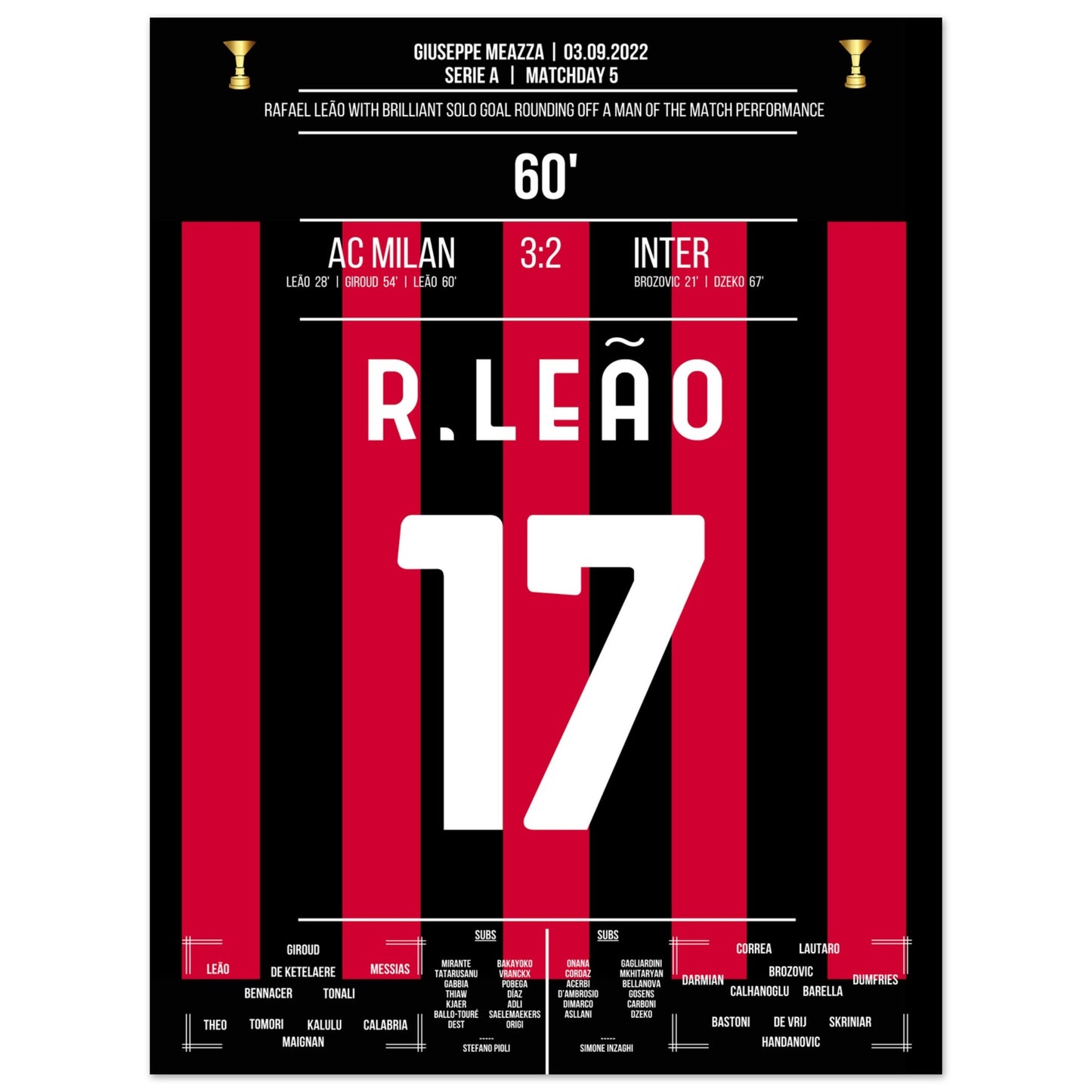 Man Of The Match Performance von Rafael Leão im Derby gegen Inter 30x40-cm-12x16-Ohne-Rahmen