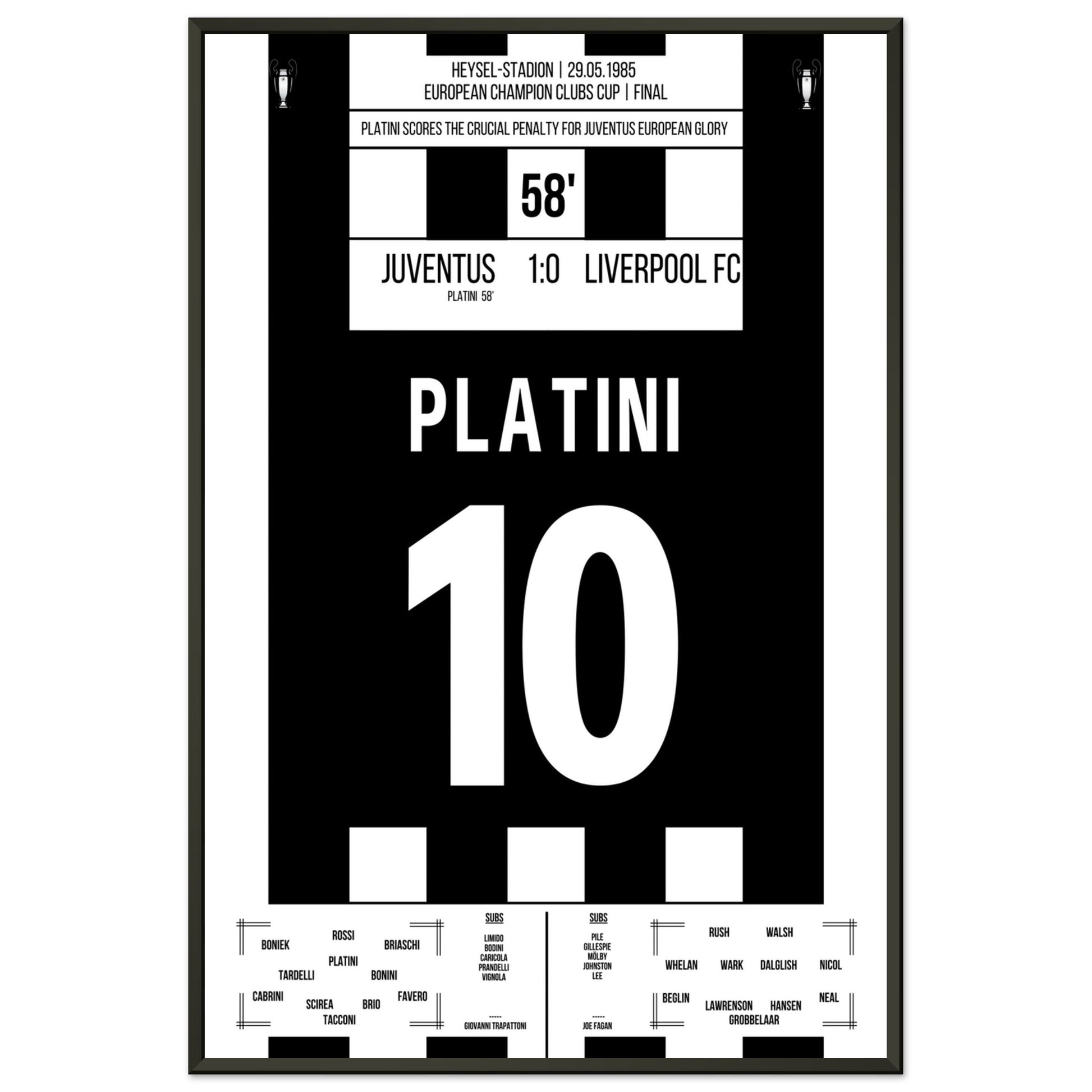 Platini mit entscheidendem Elfmeter gegen Liverpool im Europapokalfinale 1985 60x90-cm-24x36-Schwarzer-Aluminiumrahmen