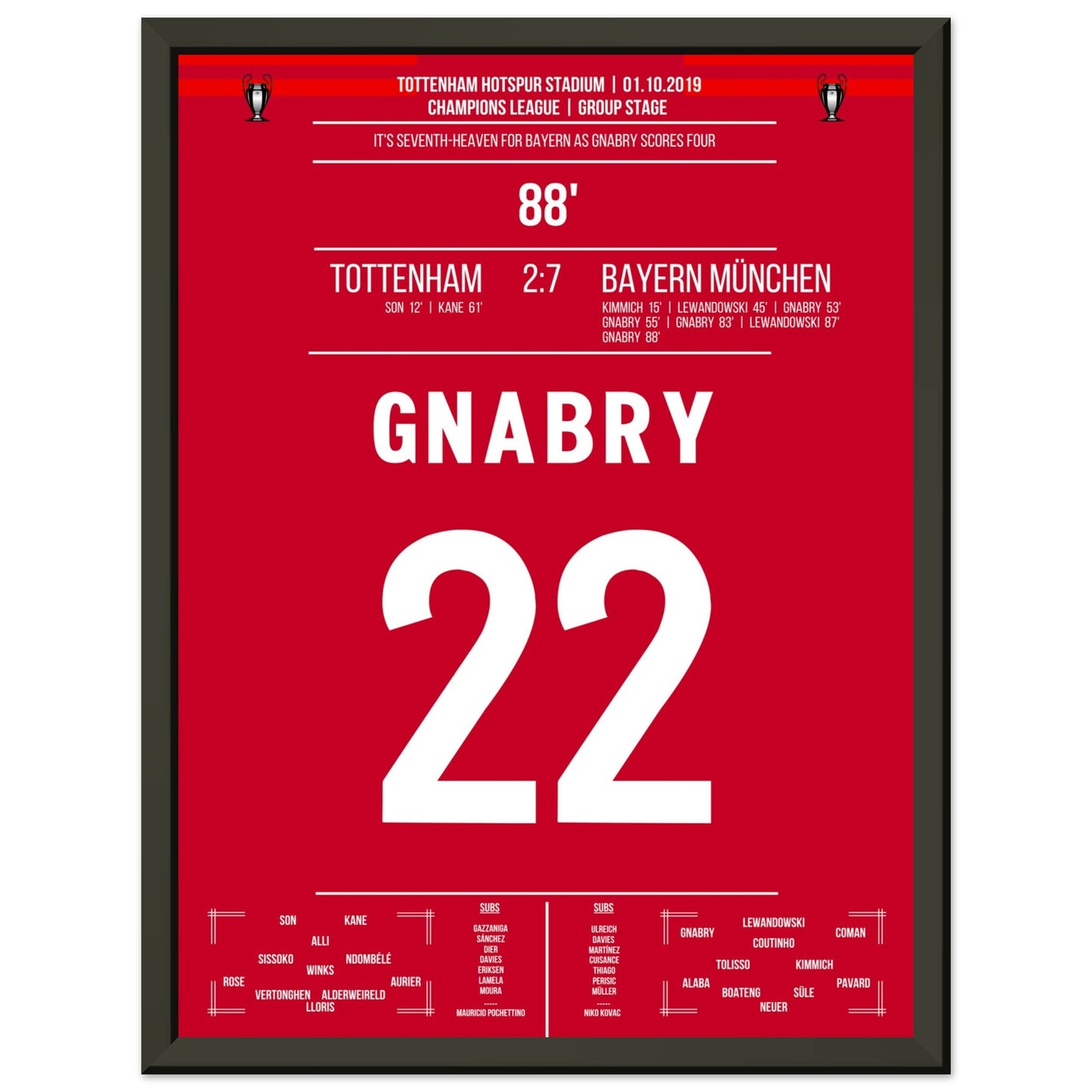 4-Tore-Gnabry gegen Tottenham 2019 30x40-cm-12x16-Schwarzer-Aluminiumrahmen