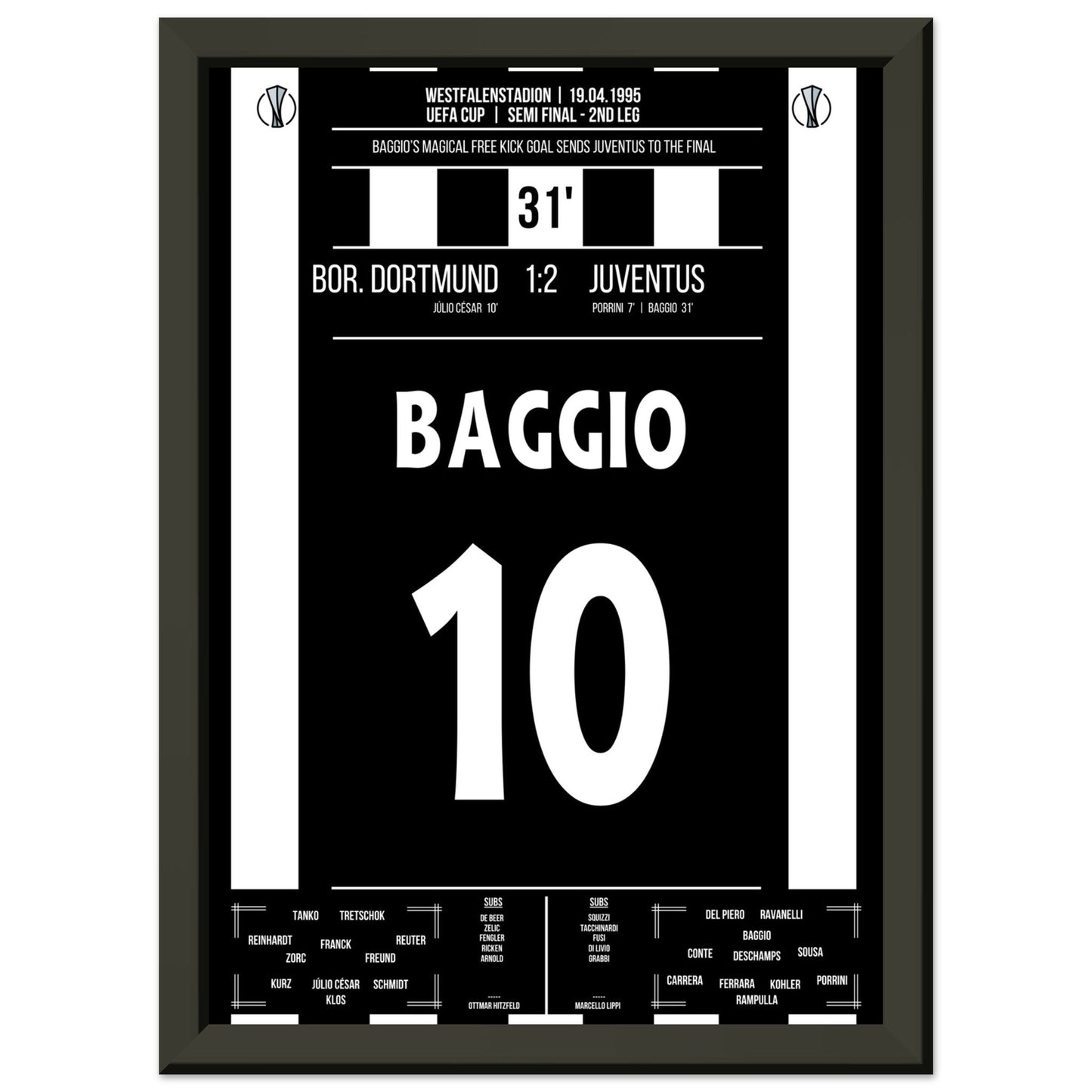 Baggio's magisches Freistoßtor zum Finaleinzug A4-21x29.7-cm-8x12-Schwarzer-Aluminiumrahmen