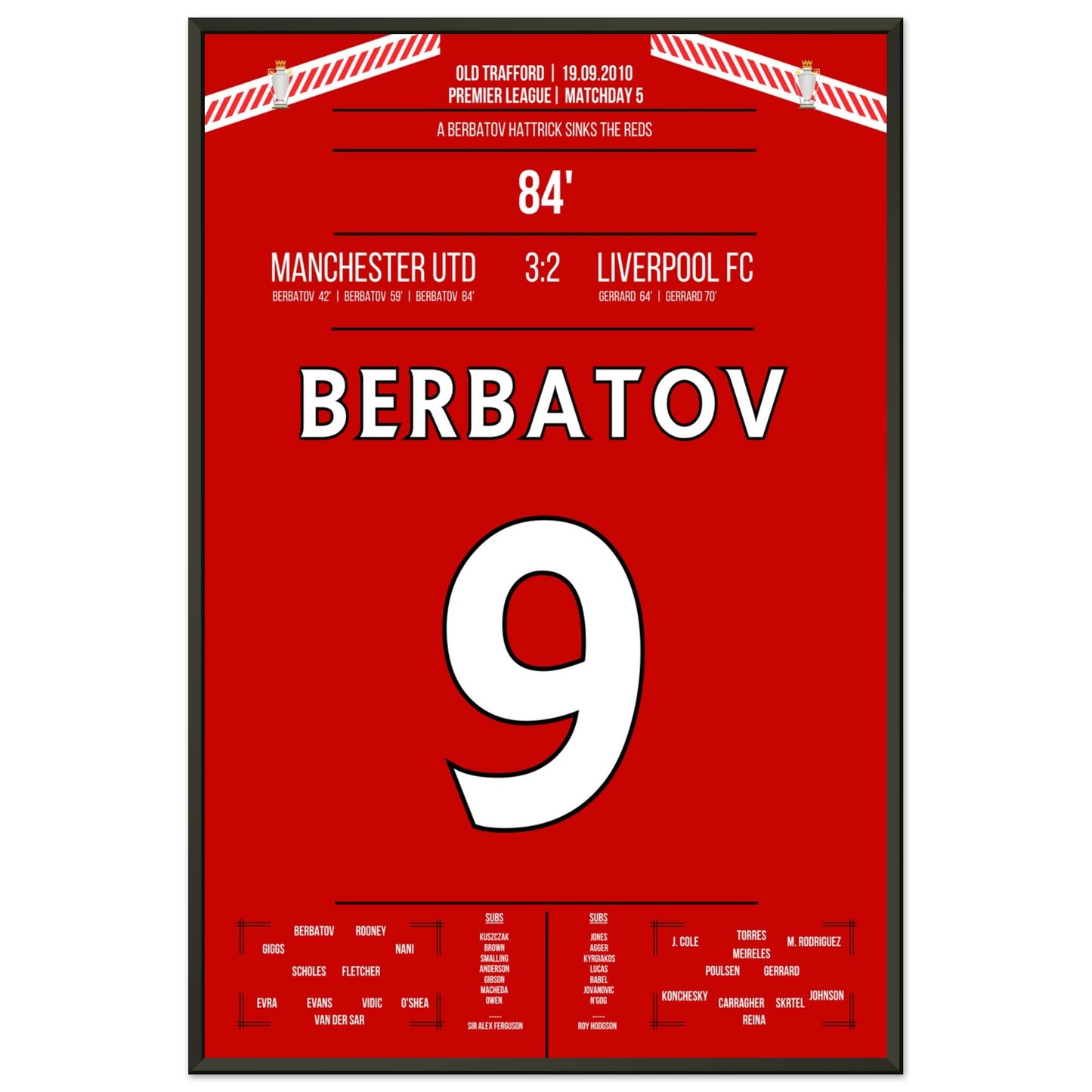 Berbatov-Hattrick versenkt die Reds im Derby 2010 60x90-cm-24x36-Schwarzer-Aluminiumrahmen