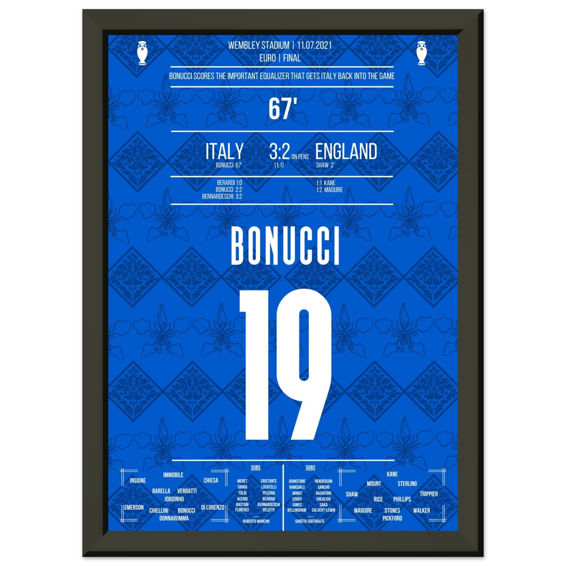 Bonucci trifft zum Ausgleich im Finale der Euro 2021 A4-21x29.7-cm-8x12-Schwarzer-Aluminiumrahmen