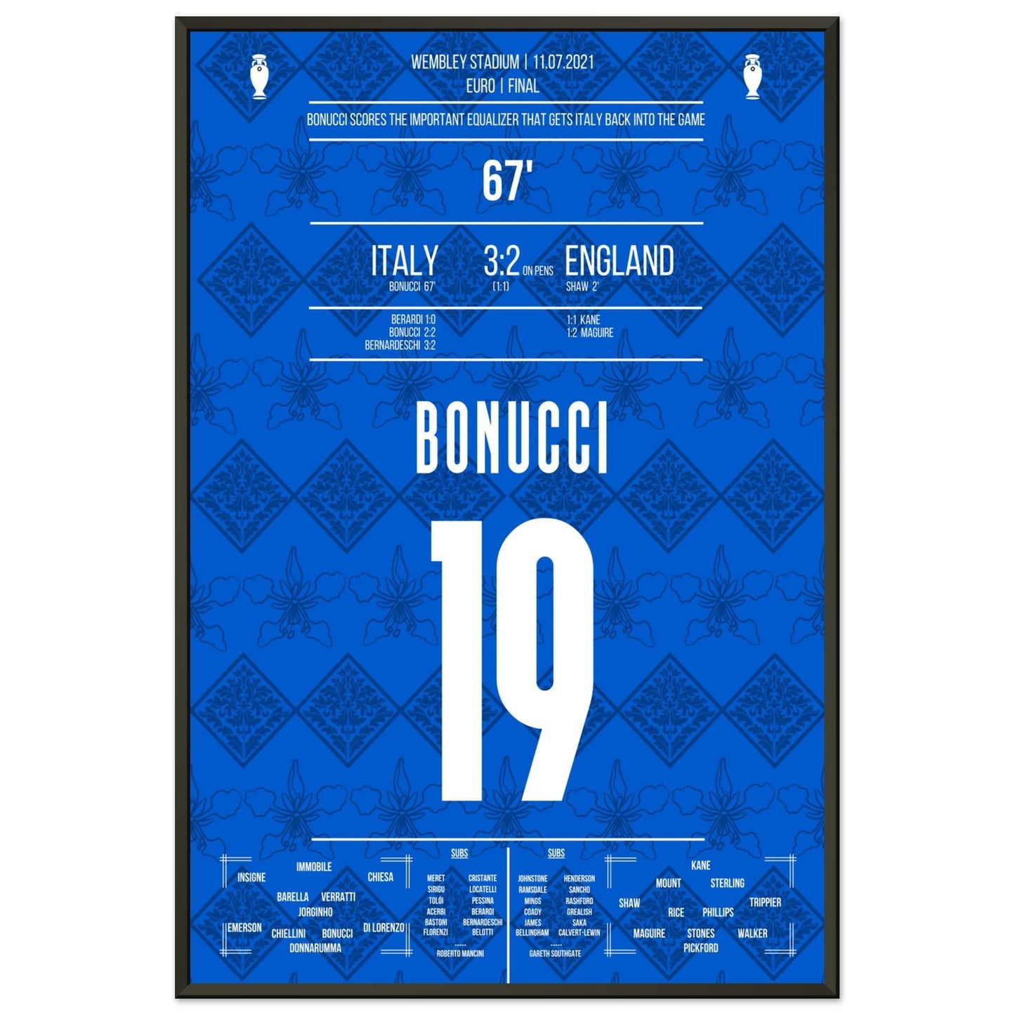 Bonucci trifft zum Ausgleich im Finale der Euro 2021 60x90-cm-24x36-Schwarzer-Aluminiumrahmen