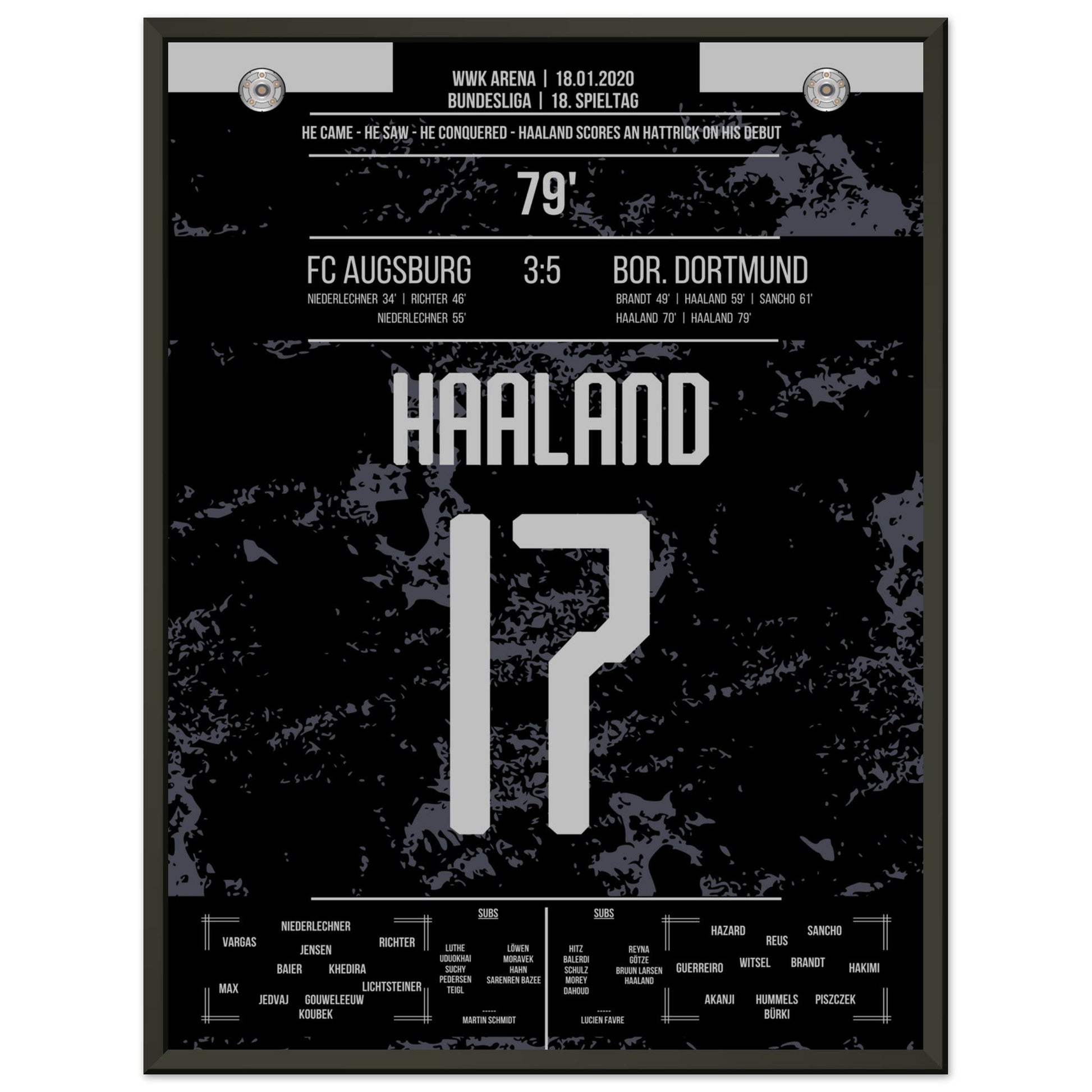 Haaland-Hattrick beim Bundesliga-Debüt in 2020 45x60-cm-18x24-Schwarzer-Aluminiumrahmen
