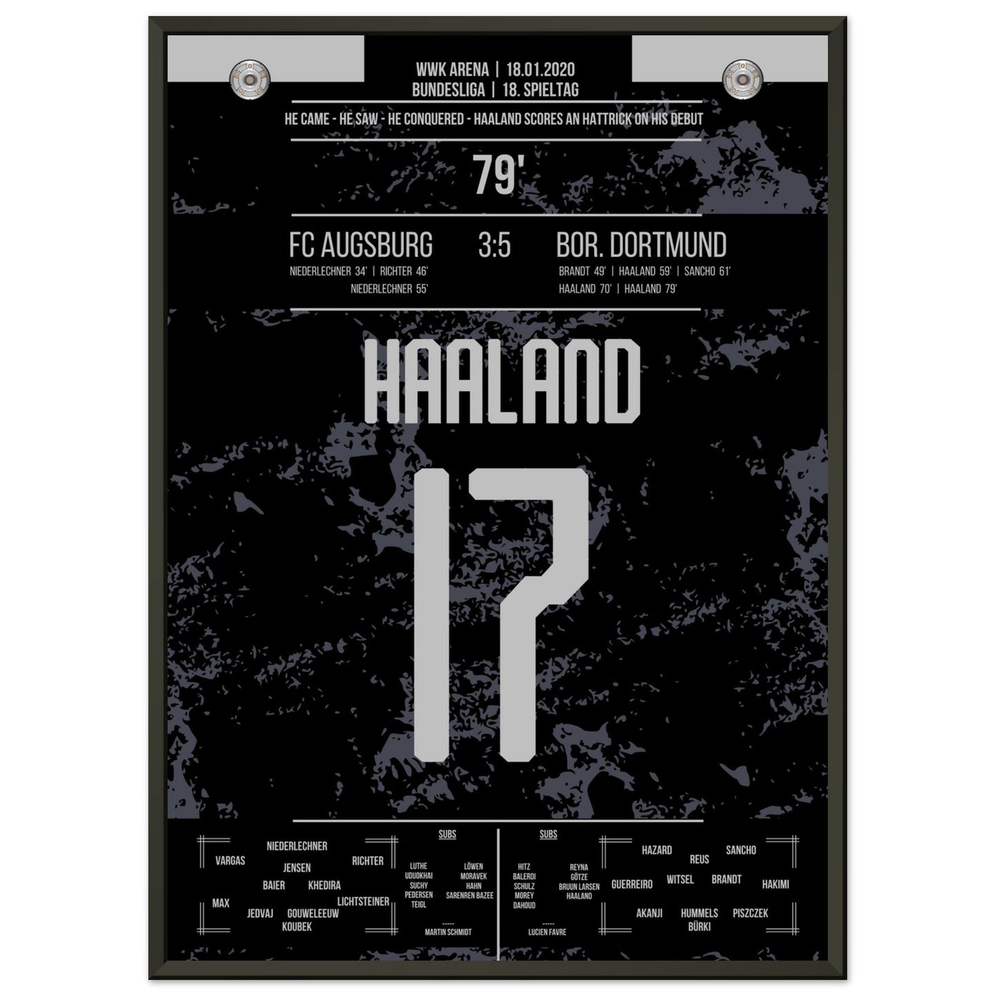 Haaland-Hattrick beim Bundesliga-Debüt in 2020 50x70-cm-20x28-Schwarzer-Aluminiumrahmen