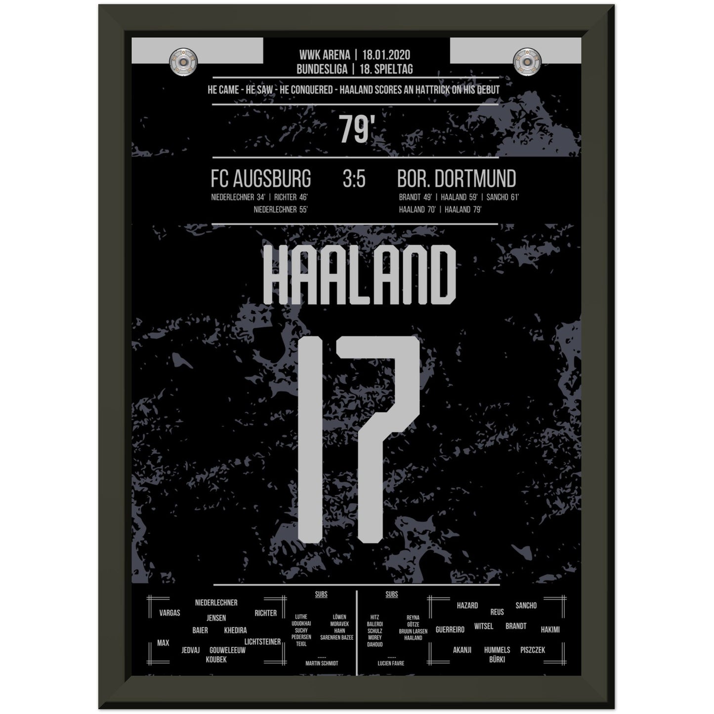 Haaland-Hattrick beim Bundesliga-Debüt in 2020 A4-21x29.7-cm-8x12-Schwarzer-Aluminiumrahmen