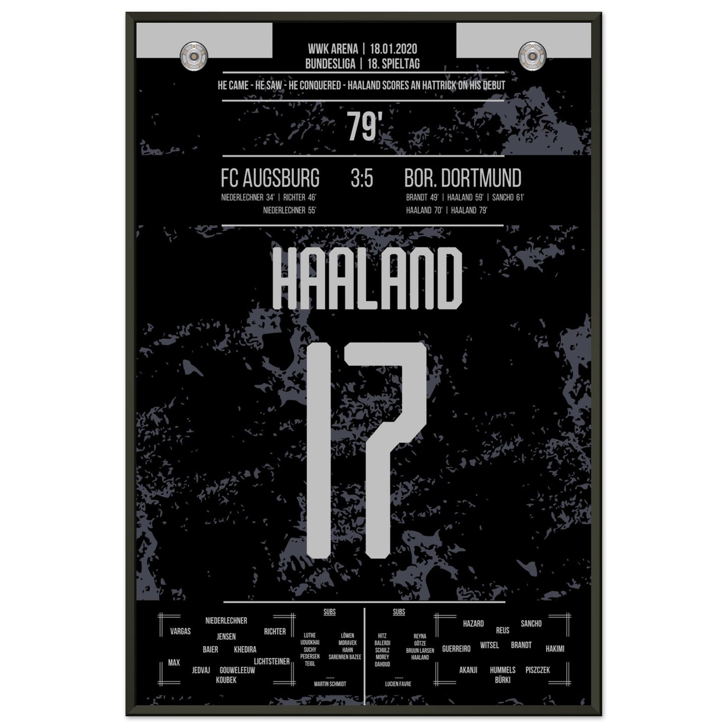 Haaland-Hattrick beim Bundesliga-Debüt in 2020 60x90-cm-24x36-Schwarzer-Aluminiumrahmen