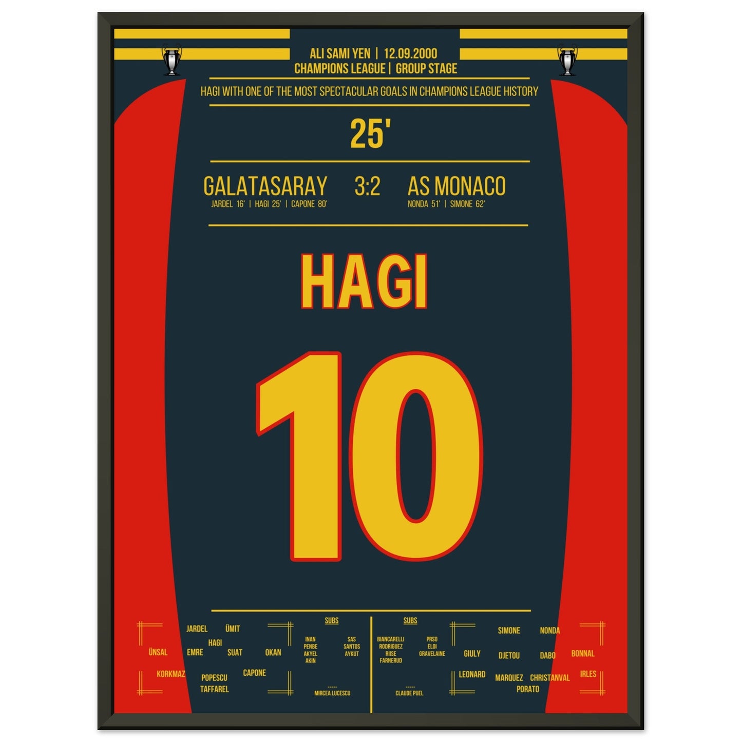 Hagi's Traumtor aus der Distanz gegen Monaco 45x60-cm-18x24-Schwarzer-Aluminiumrahmen