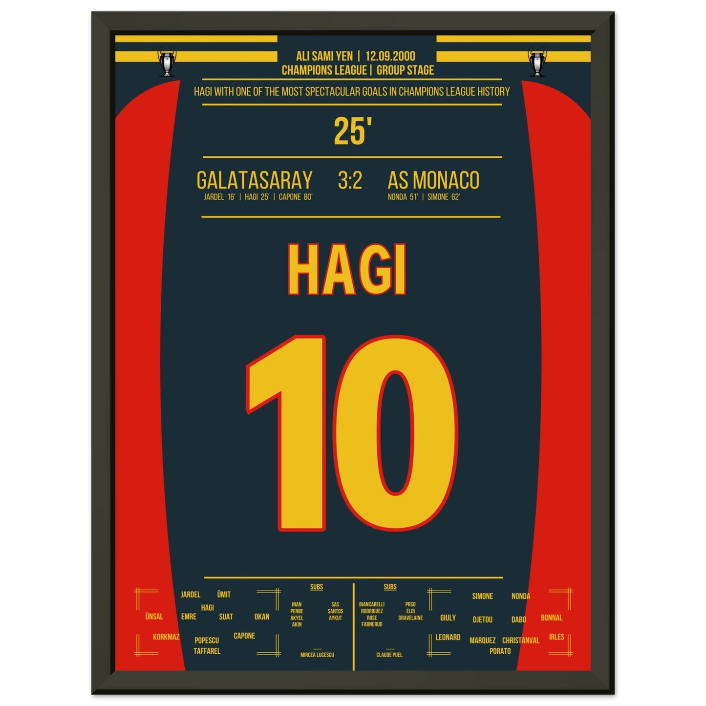 Hagi's Traumtor aus der Distanz gegen Monaco 30x40-cm-12x16-Schwarzer-Aluminiumrahmen