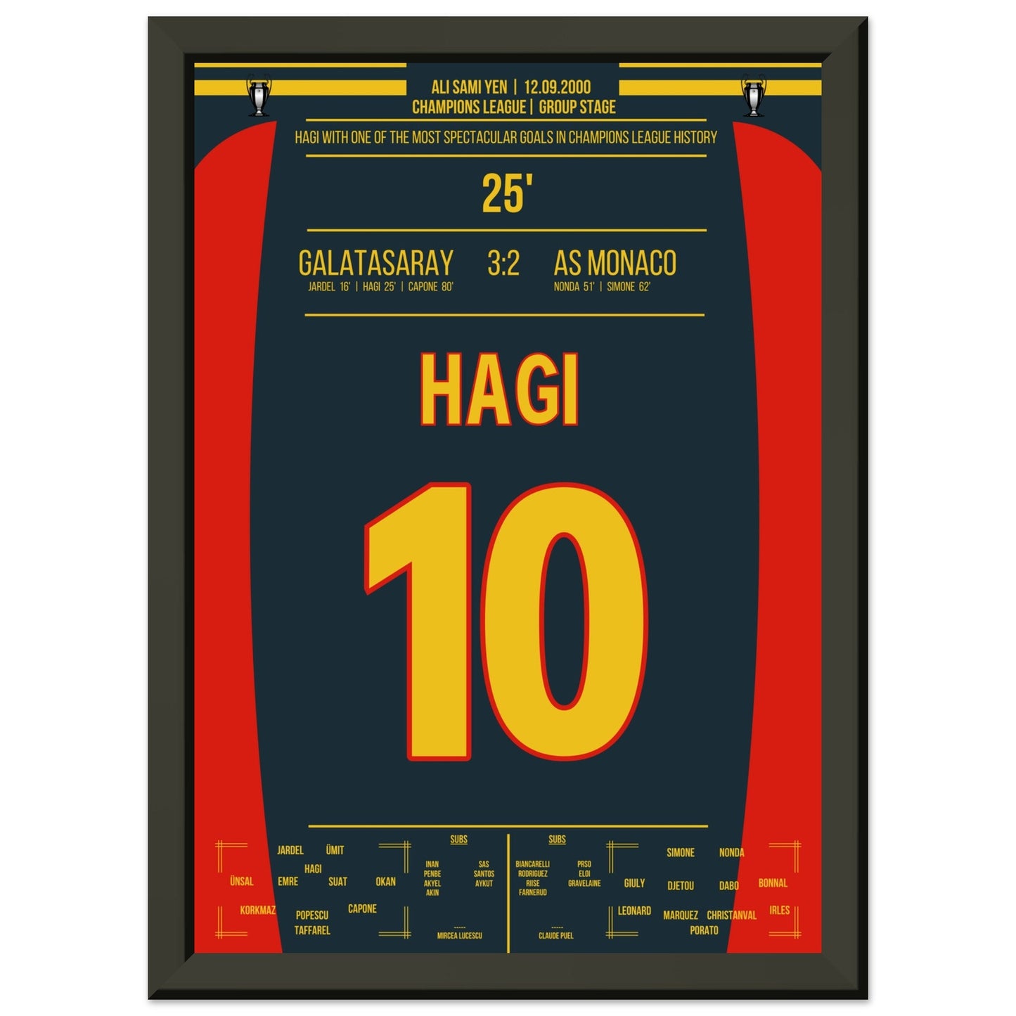 Hagi's Traumtor aus der Distanz gegen Monaco A4-21x29.7-cm-8x12-Schwarzer-Aluminiumrahmen