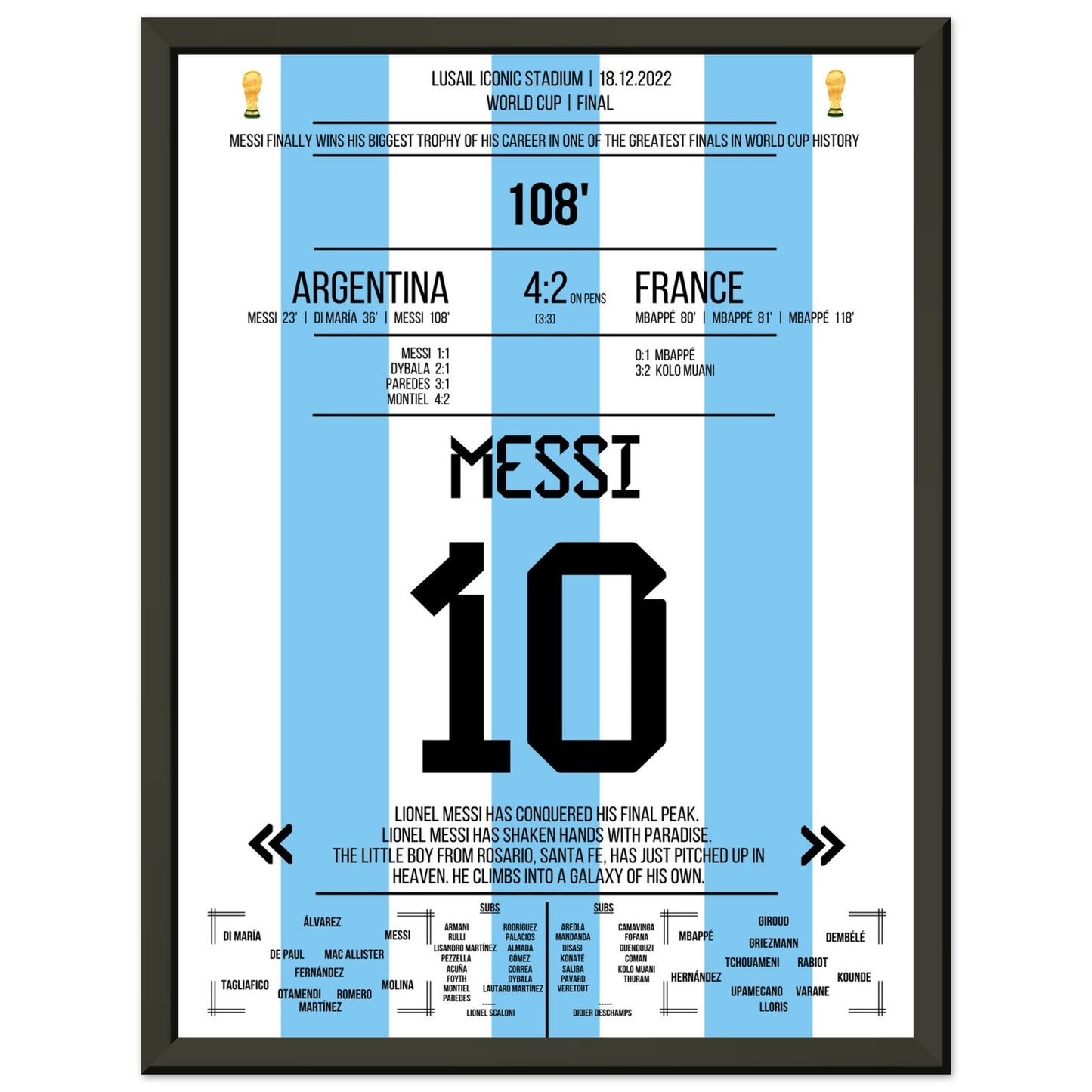 Messi macht sich unsterblich beim Gewinn der WM 2022 30x40-cm-12x16-Schwarzer-Aluminiumrahmen