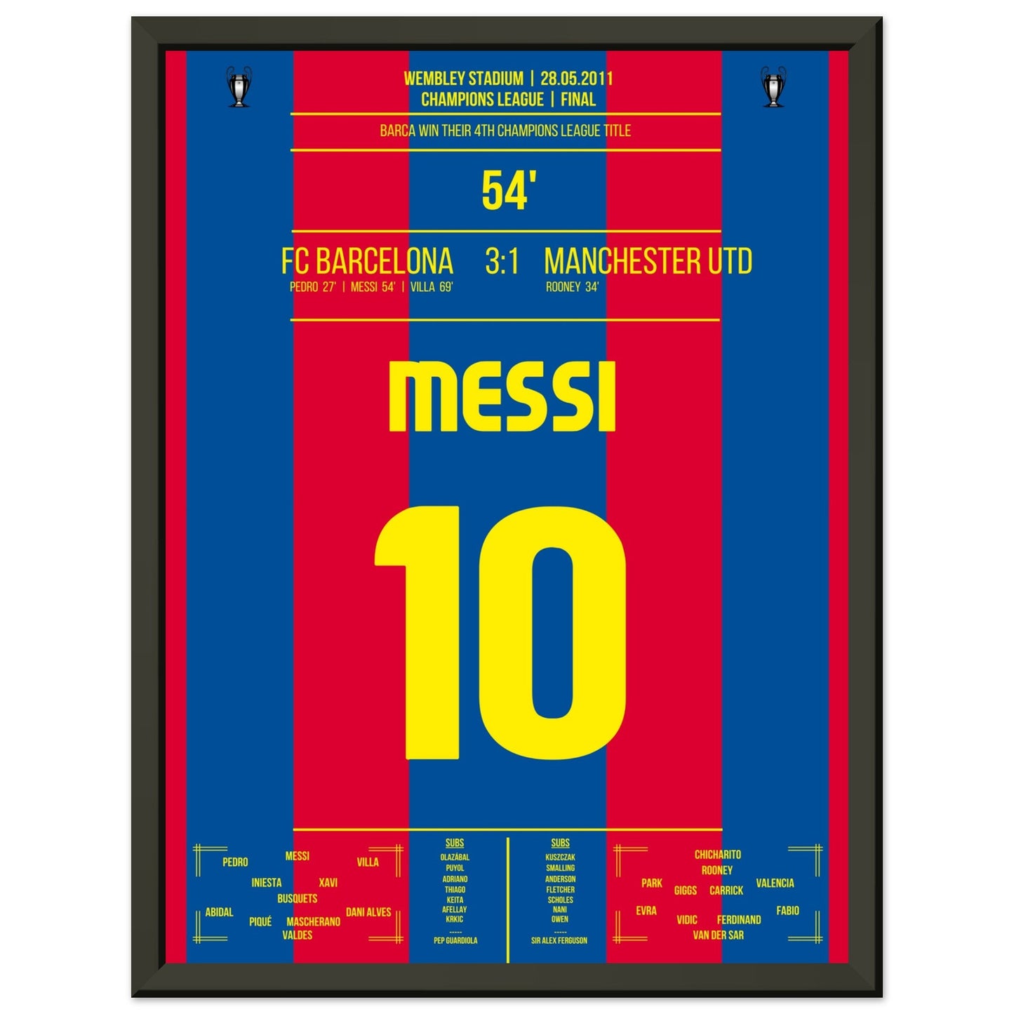 Messi's Führungstreffer im CL Finale 2011 30x40-cm-12x16-Schwarzer-Aluminiumrahmen
