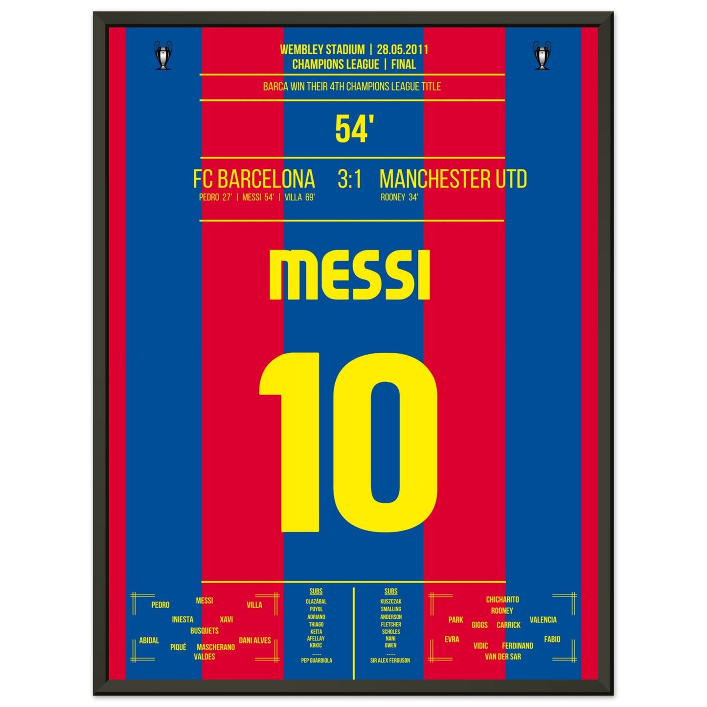 Messi's Führungstreffer im CL Finale 2011 45x60-cm-18x24-Schwarzer-Aluminiumrahmen