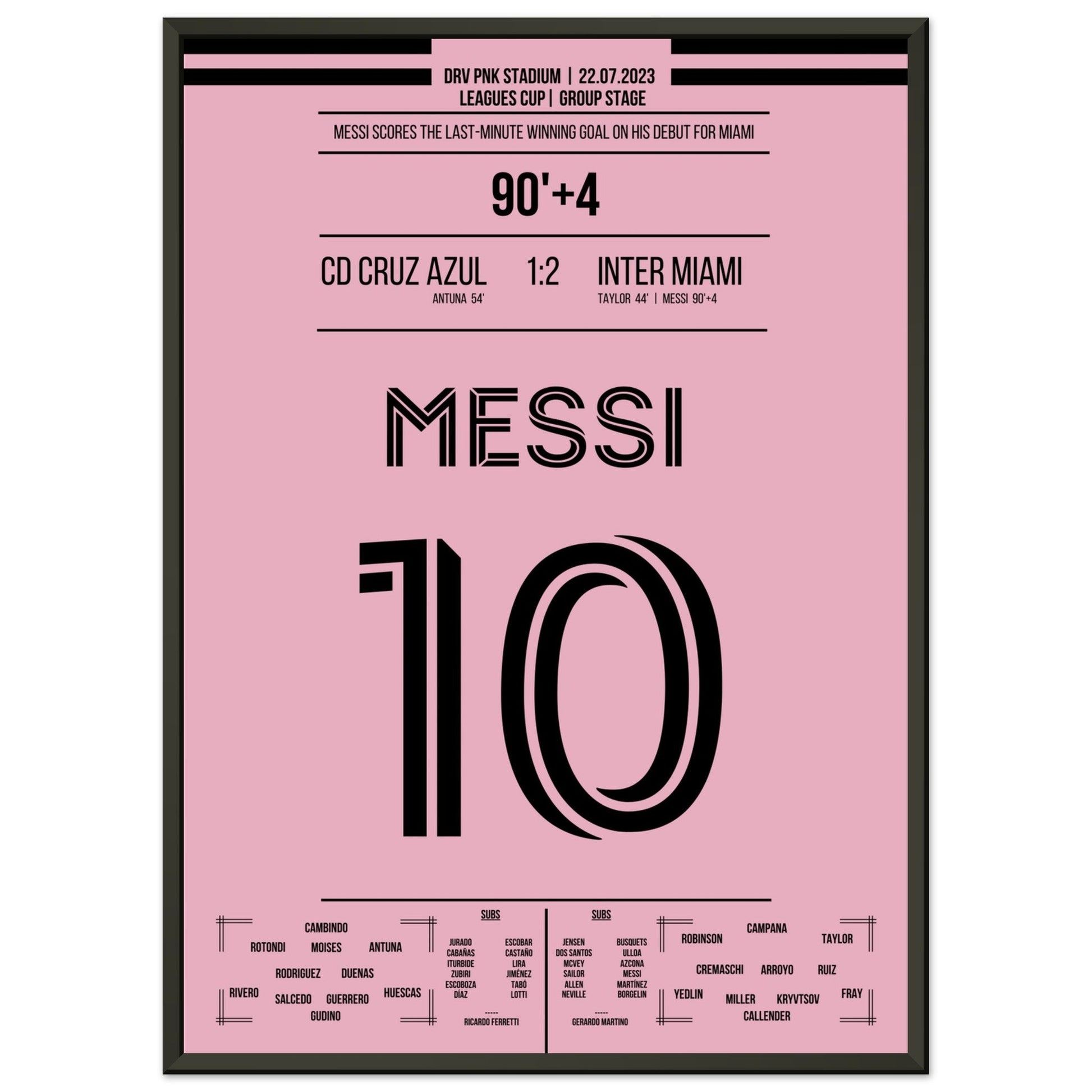 Messi's Siegtreffer beim Debüt für Miami 50x70-cm-20x28-Schwarzer-Aluminiumrahmen
