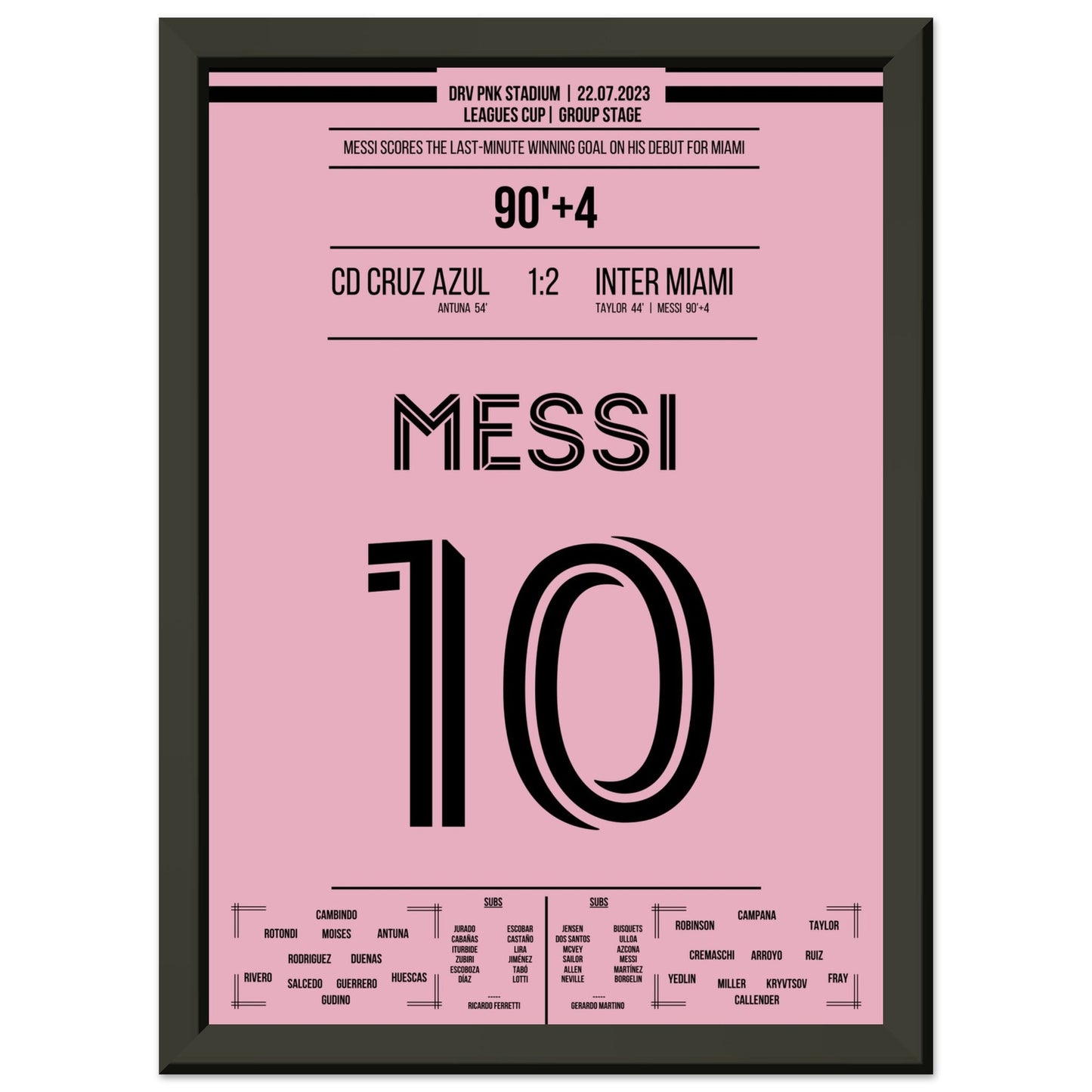 Messi's Siegtreffer beim Debüt für Miami A4-21x29.7-cm-8x12-Schwarzer-Aluminiumrahmen