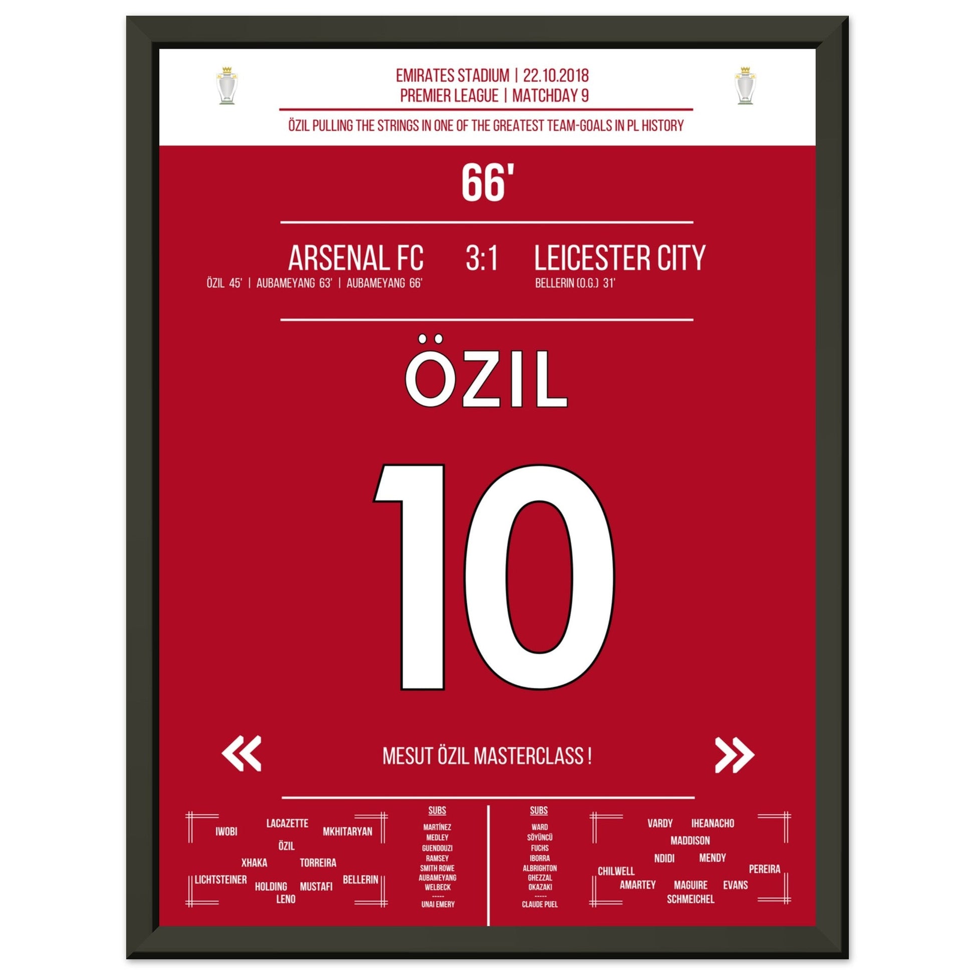 Mesut Özil Masterclass gegen Leicester in 2018 30x40-cm-12x16-Schwarzer-Aluminiumrahmen