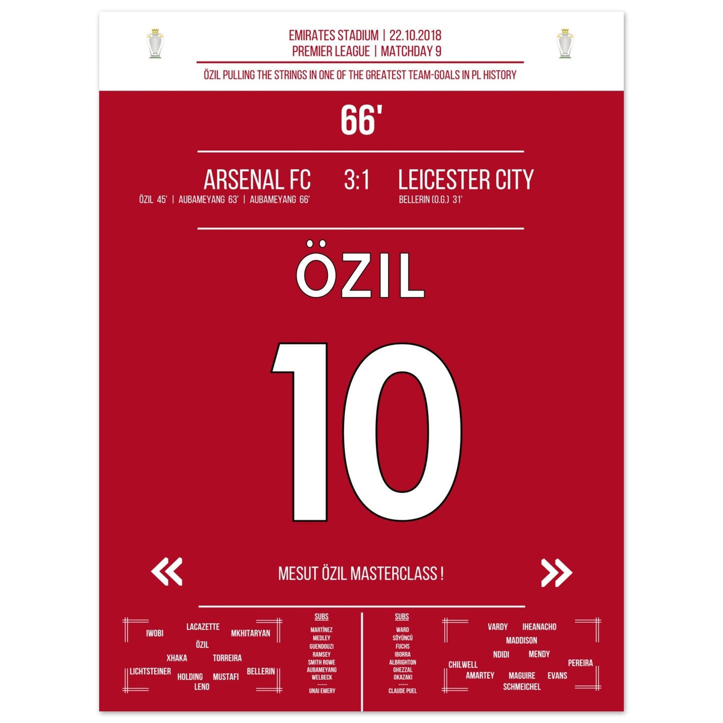 Mesut Özil Masterclass gegen Leicester in 2018 45x60-cm-18x24-Ohne-Rahmen