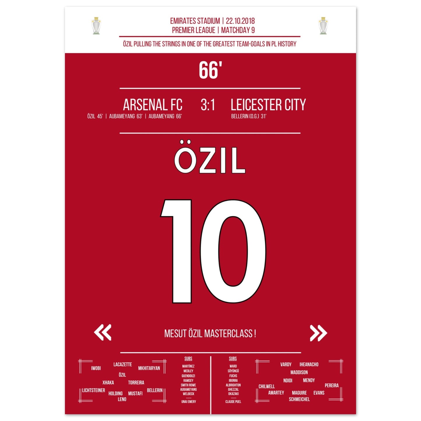 Mesut Özil Masterclass gegen Leicester in 2018 50x70-cm-20x28-Ohne-Rahmen