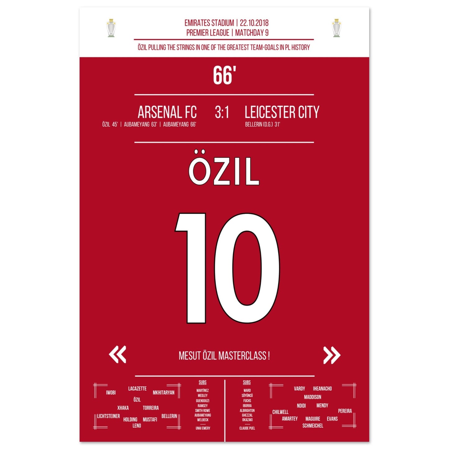 Mesut Özil Masterclass gegen Leicester in 2018 60x90-cm-24x36-Ohne-Rahmen