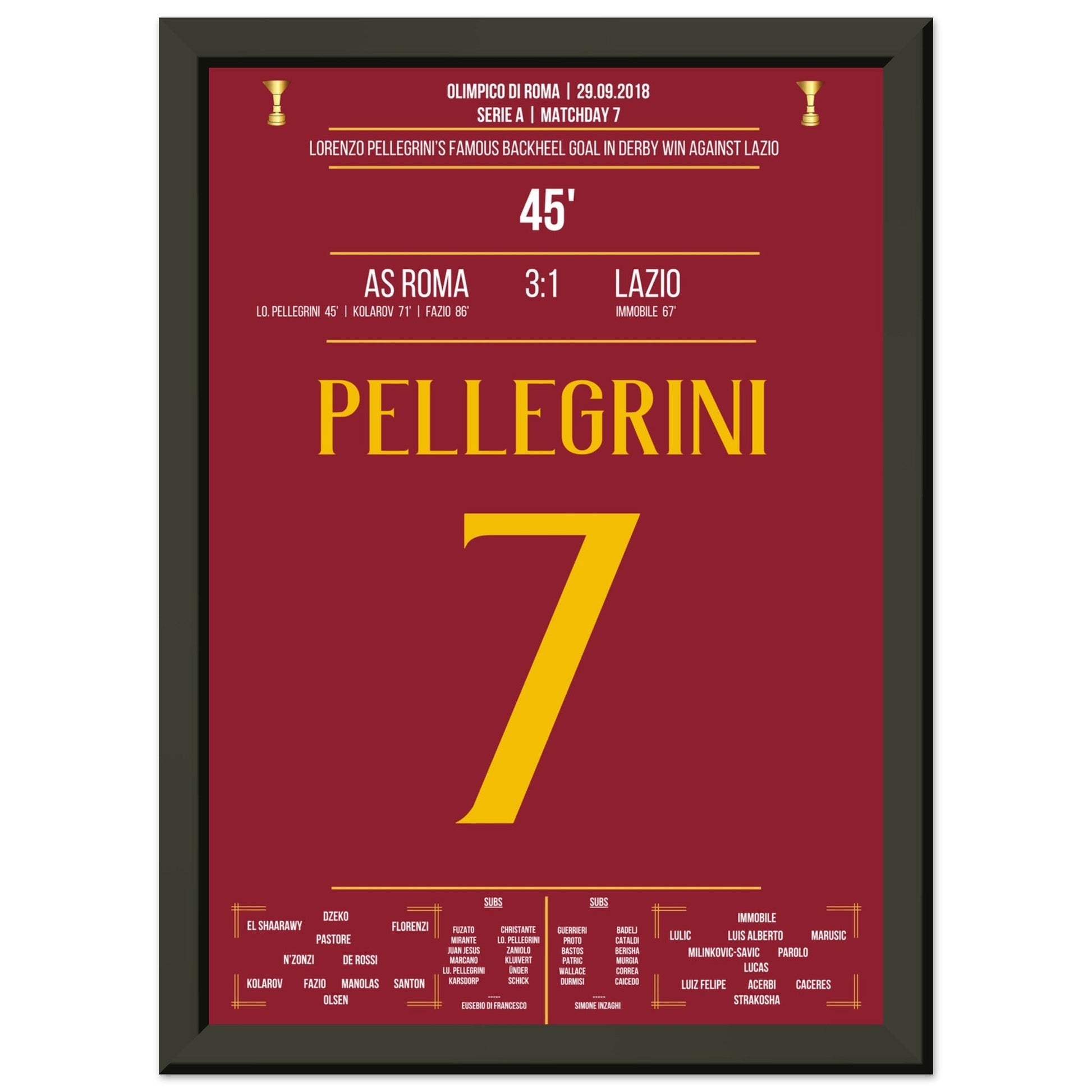 Pellegrini's Hackentor im Derby Sieg gegen Lazio in 2018 A4-21x29.7-cm-8x12-Schwarzer-Aluminiumrahmen