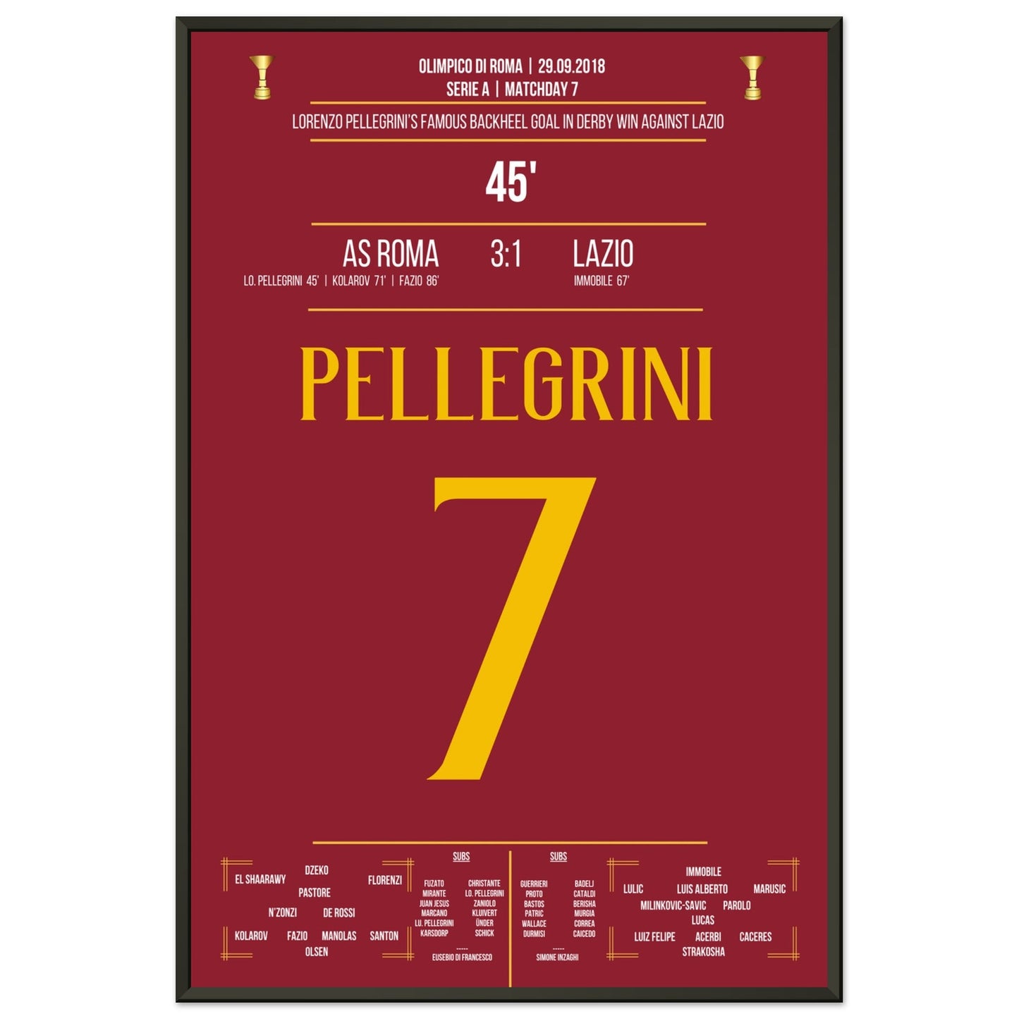 Pellegrini's Hackentor im Derby Sieg gegen Lazio in 2018 60x90-cm-24x36-Schwarzer-Aluminiumrahmen