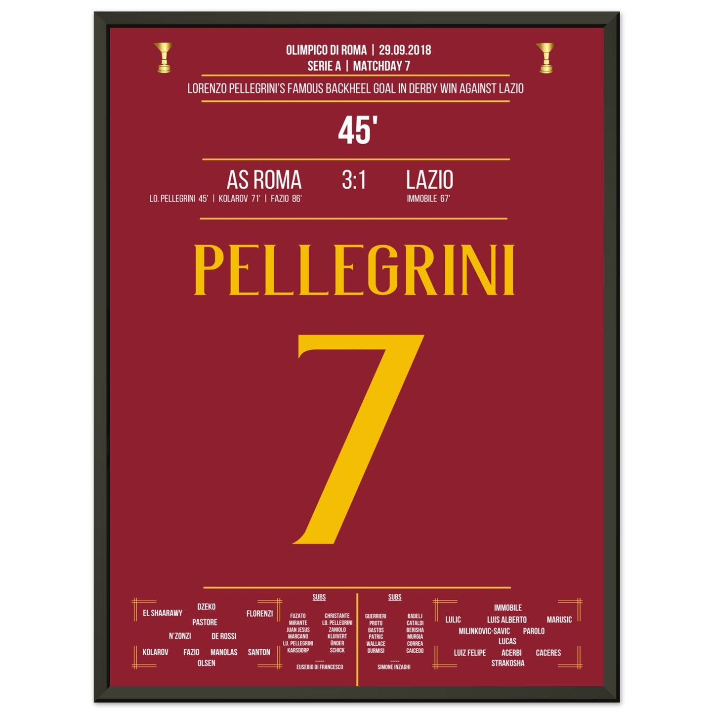 Pellegrini's Hackentor im Derby Sieg gegen Lazio in 2018 45x60-cm-18x24-Schwarzer-Aluminiumrahmen