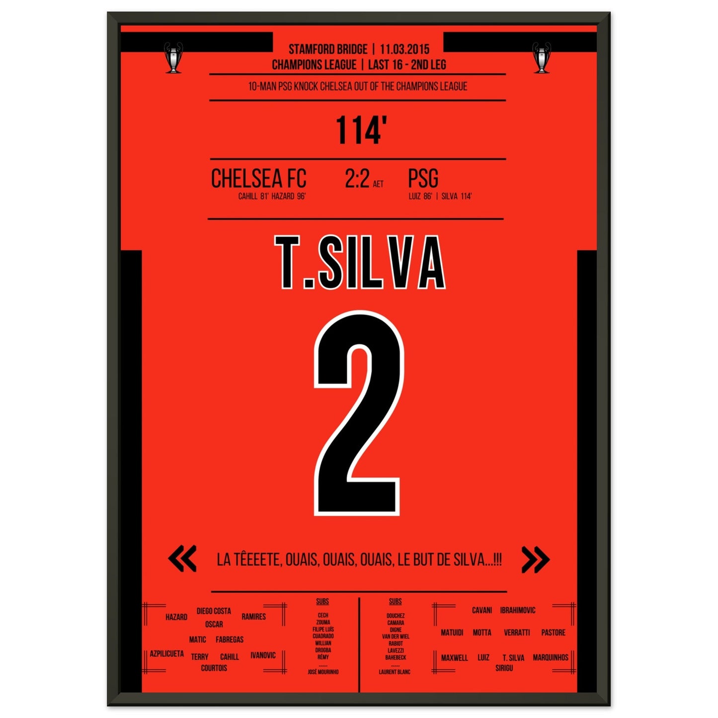 Thiago Silva's entscheidendes Kopfballtor im CL Achtelfinale gegen Chelsea 2015 50x70-cm-20x28-Schwarzer-Aluminiumrahmen