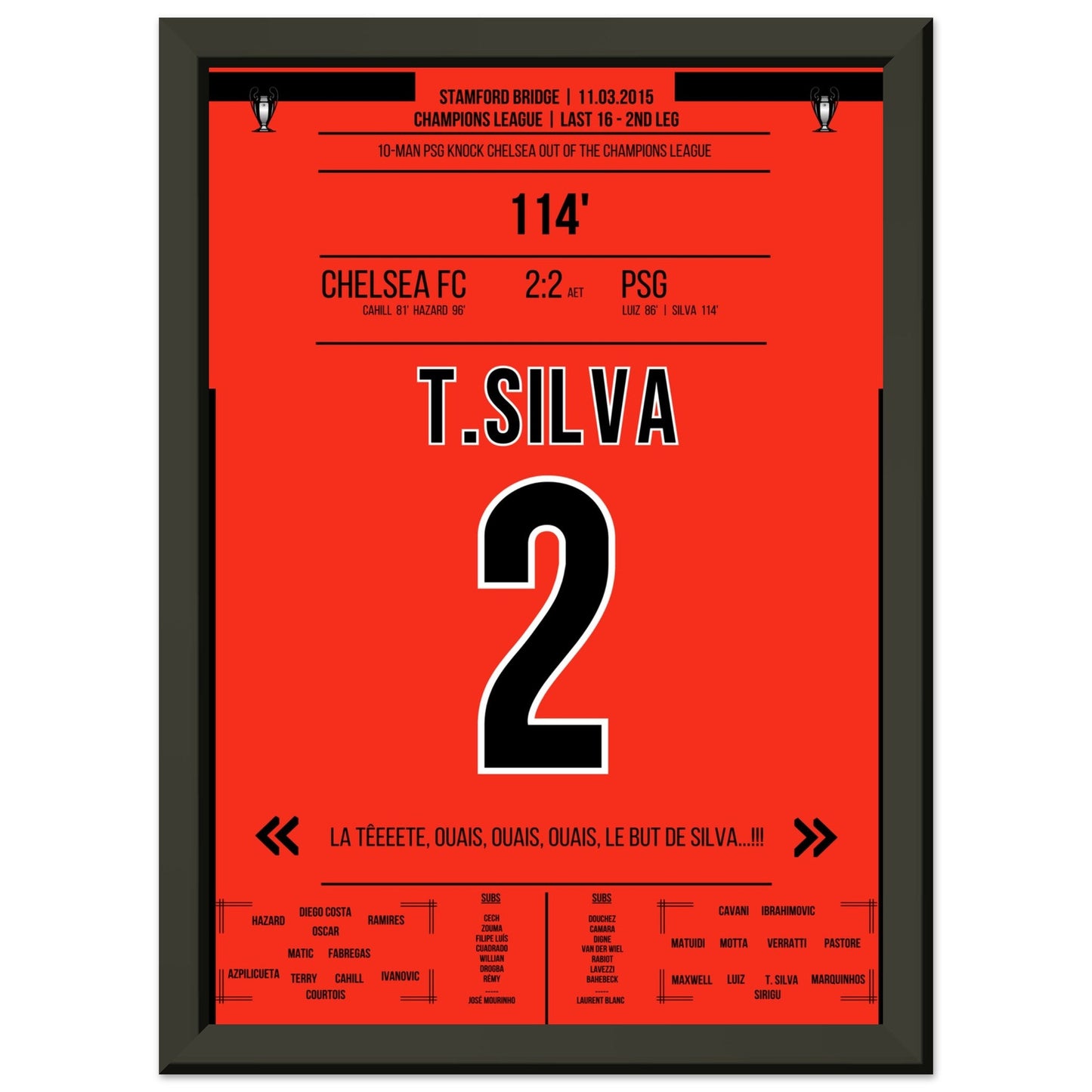 Thiago Silva's entscheidendes Kopfballtor im CL Achtelfinale gegen Chelsea 2015 A4-21x29.7-cm-8x12-Schwarzer-Aluminiumrahmen