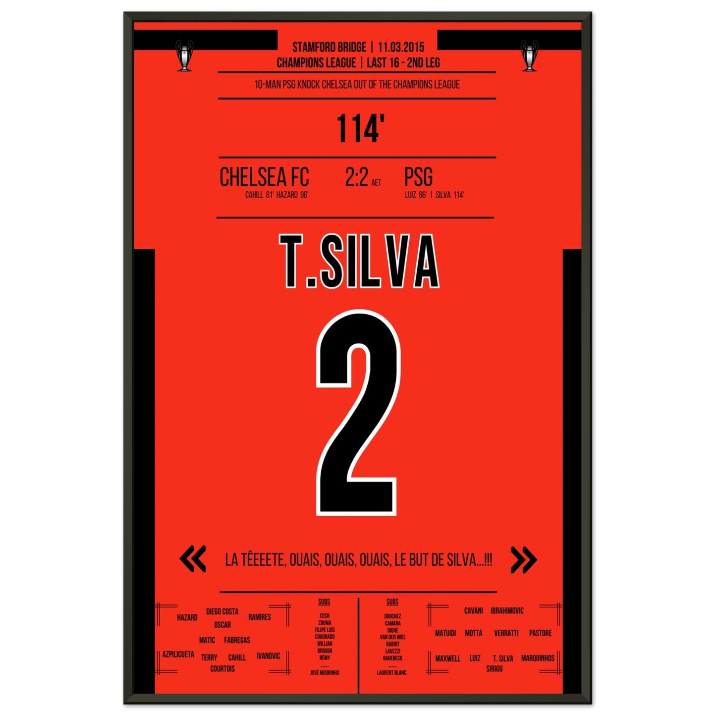 Thiago Silva's entscheidendes Kopfballtor im CL Achtelfinale gegen Chelsea 2015 60x90-cm-24x36-Schwarzer-Aluminiumrahmen