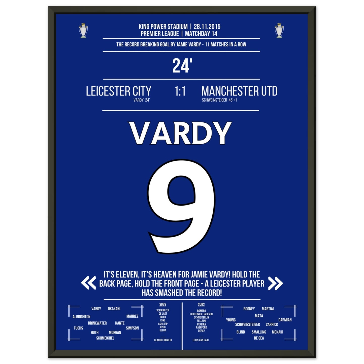 Vardy trifft im 11. Spiel in Folge und bricht den Premier League Rekord 45x60-cm-18x24-Schwarzer-Aluminiumrahmen