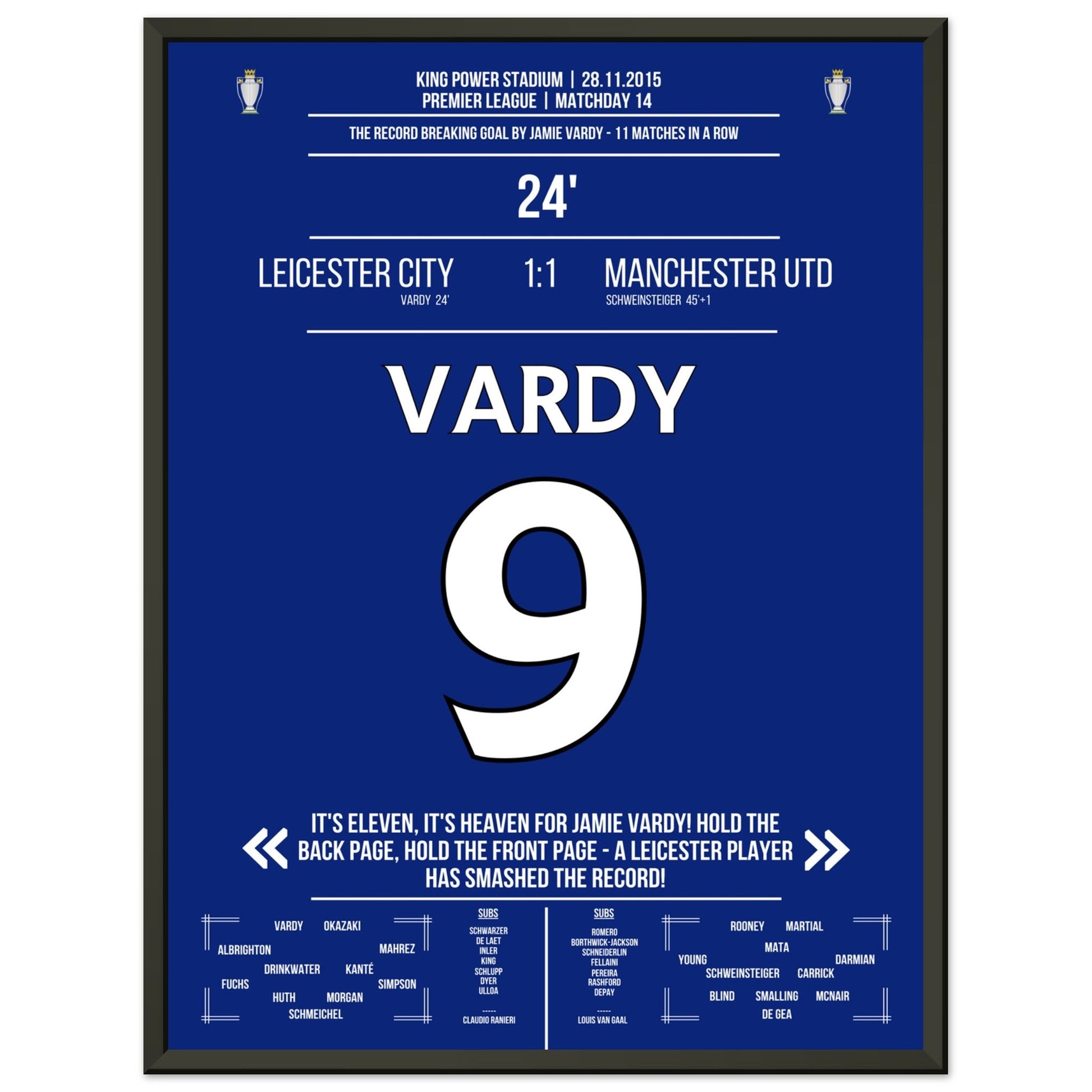 Vardy trifft im 11. Spiel in Folge und bricht den Premier League Rekord 45x60-cm-18x24-Schwarzer-Aluminiumrahmen