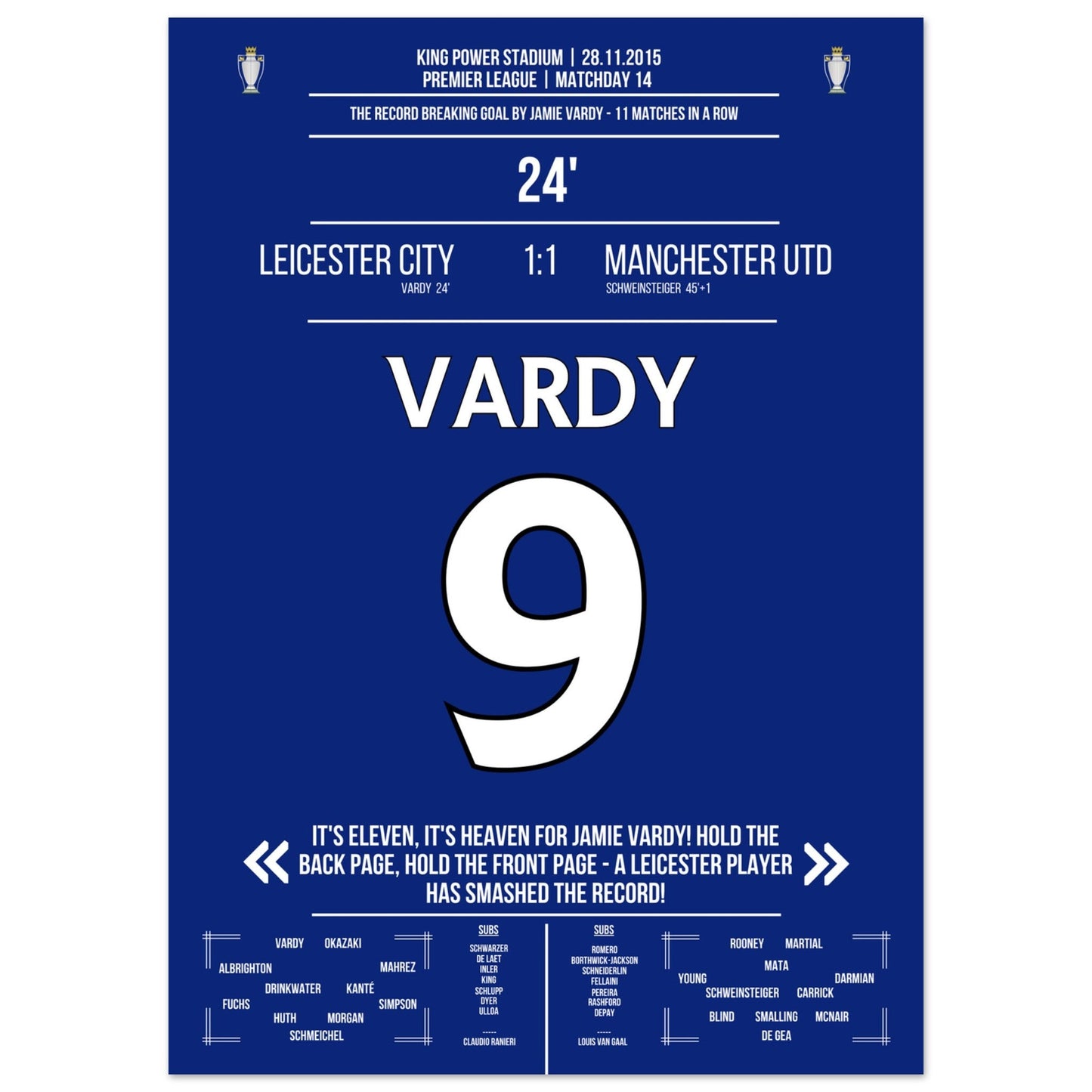 Vardy trifft im 11. Spiel in Folge und bricht den Premier League Rekord 50x70-cm-20x28-Ohne-Rahmen