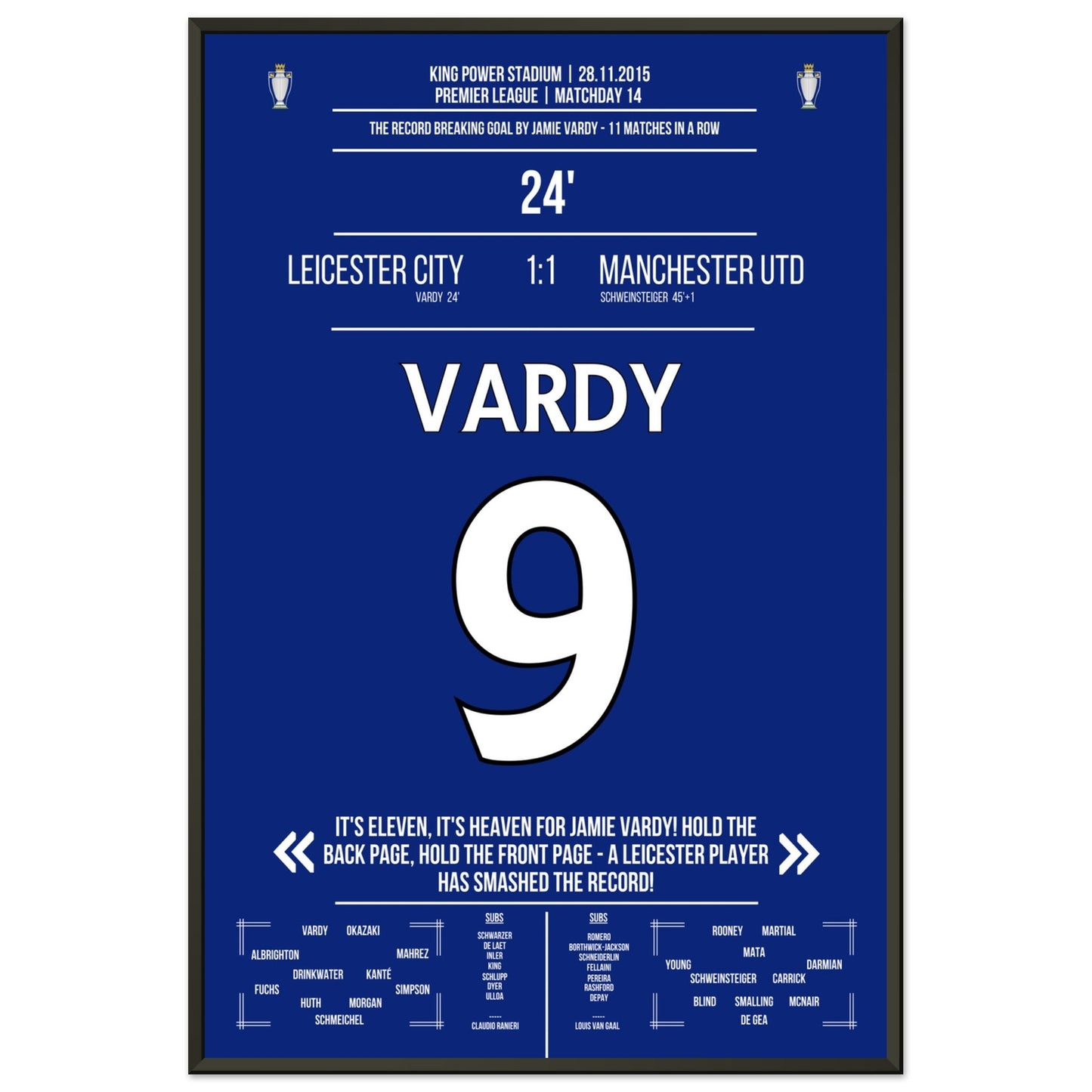 Vardy trifft im 11. Spiel in Folge und bricht den Premier League Rekord 60x90-cm-24x36-Schwarzer-Aluminiumrahmen