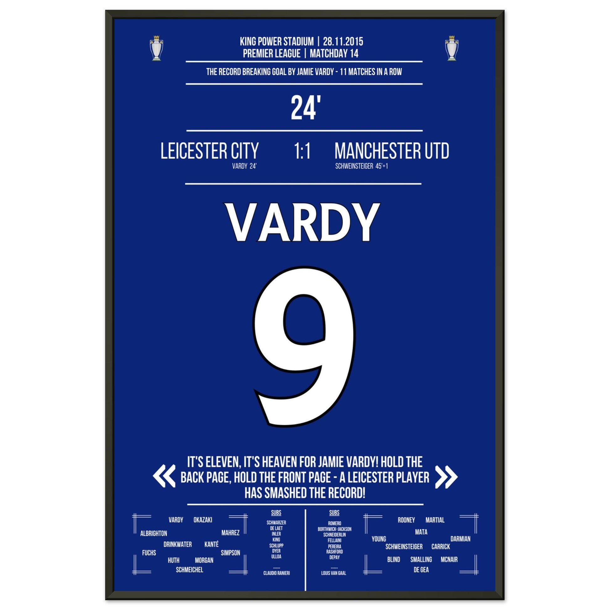 Vardy trifft im 11. Spiel in Folge und bricht den Premier League Rekord 60x90-cm-24x36-Schwarzer-Aluminiumrahmen