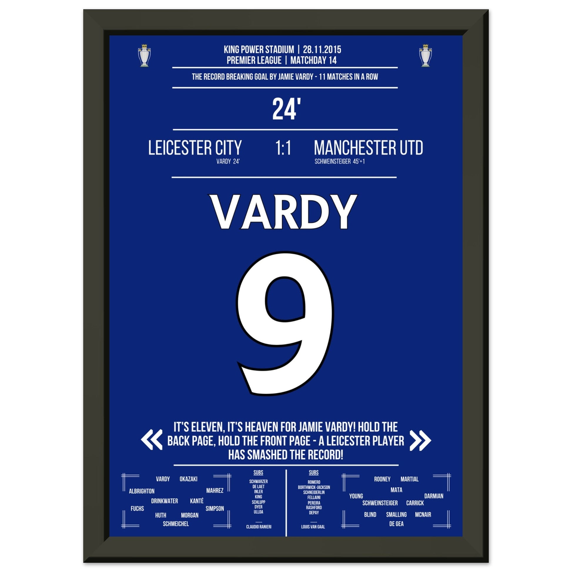 Vardy trifft im 11. Spiel in Folge und bricht den Premier League Rekord A4-21x29.7-cm-8x12-Schwarzer-Aluminiumrahmen