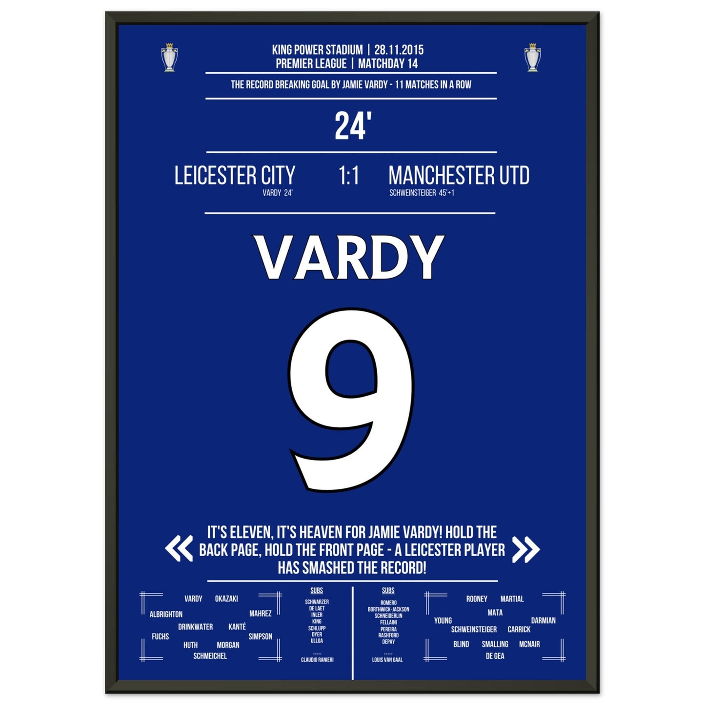 Vardy trifft im 11. Spiel in Folge und bricht den Premier League Rekord 50x70-cm-20x28-Schwarzer-Aluminiumrahmen
