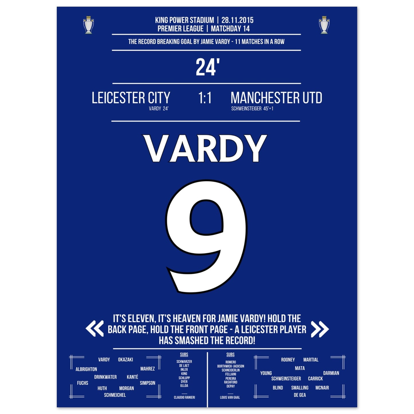 Vardy trifft im 11. Spiel in Folge und bricht den Premier League Rekord 30x40-cm-12x16-Ohne-Rahmen