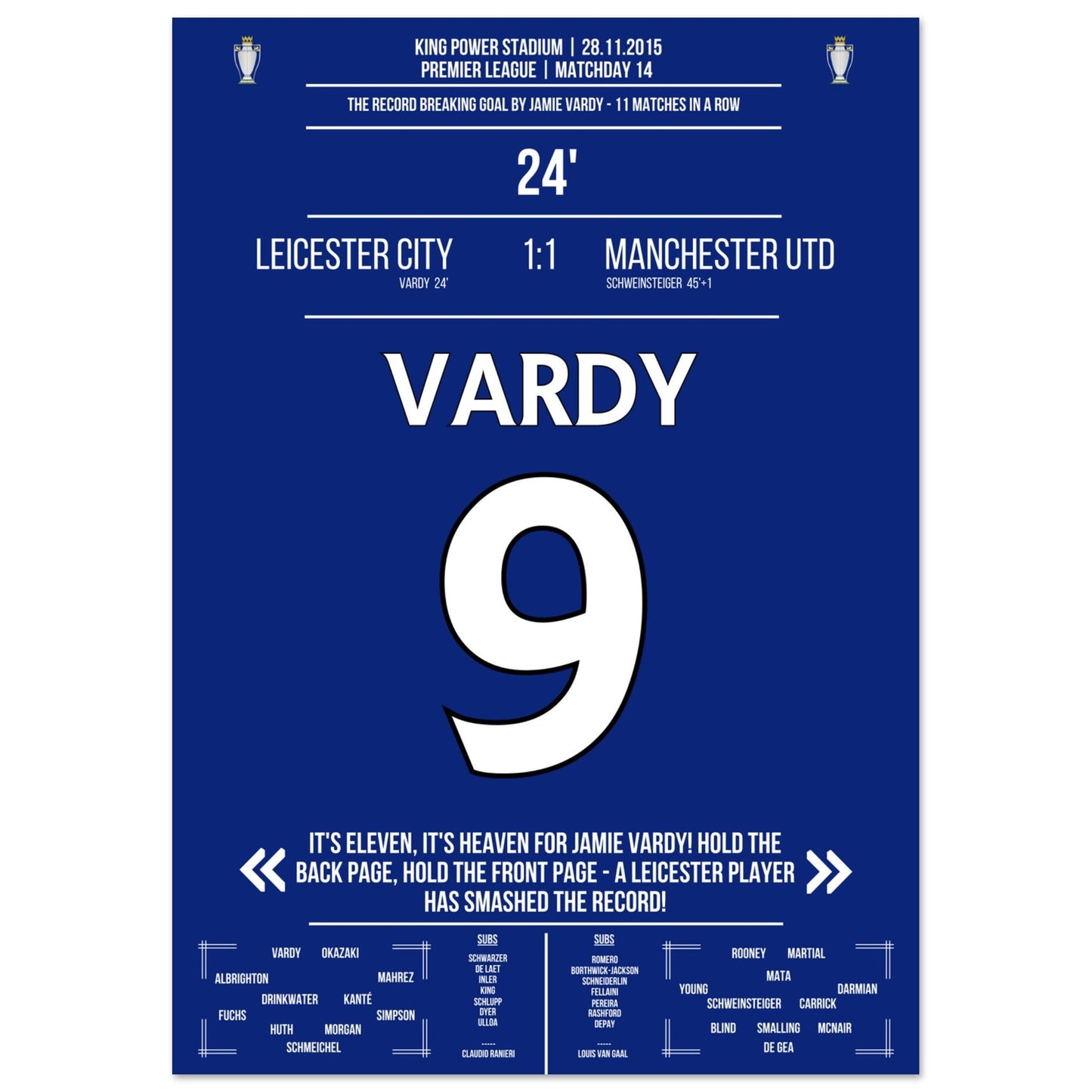Vardy trifft im 11. Spiel in Folge und bricht den Premier League Rekord A4-21x29.7-cm-8x12-Ohne-Rahmen
