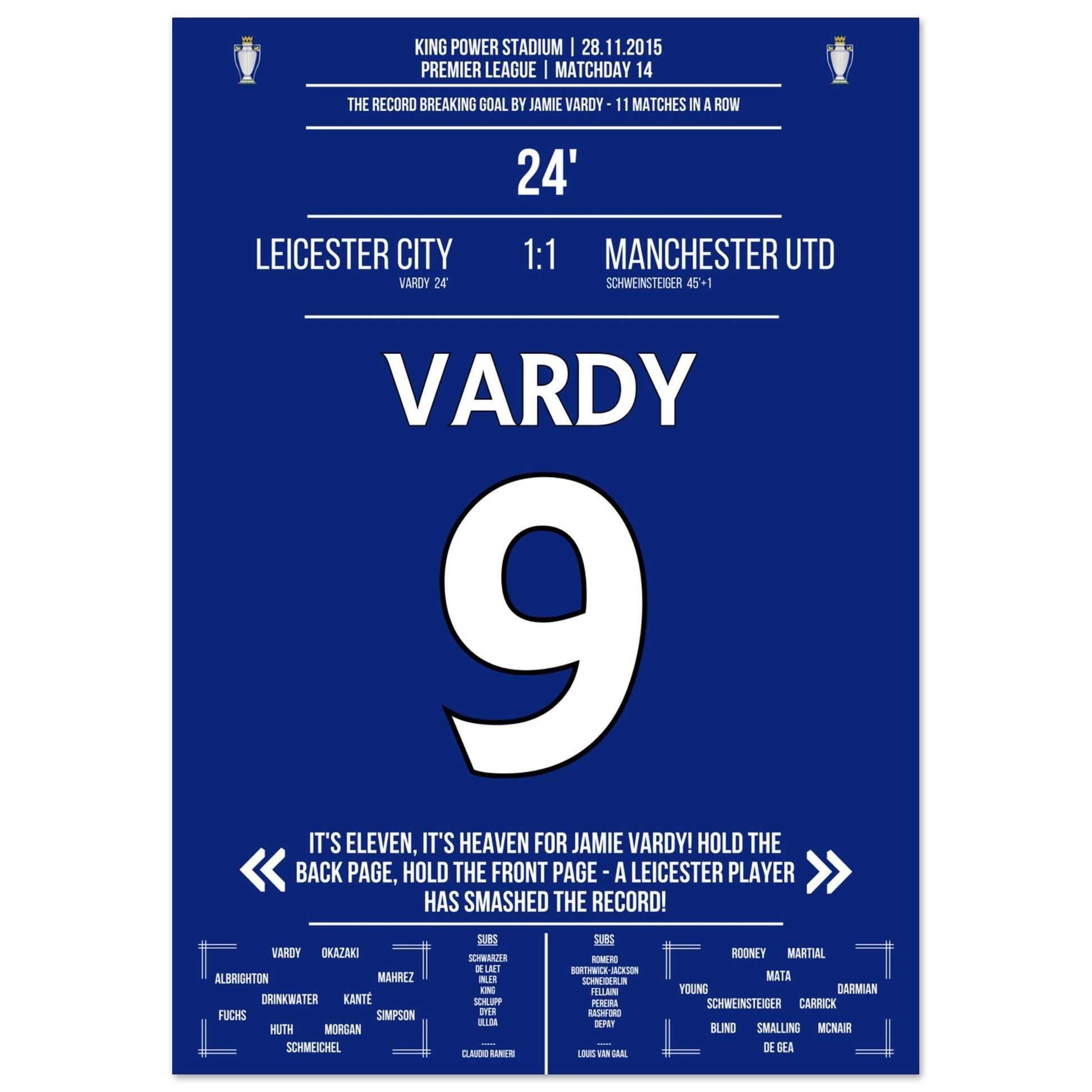 Vardy trifft im 11. Spiel in Folge und bricht den Premier League Rekord A4-21x29.7-cm-8x12-Ohne-Rahmen