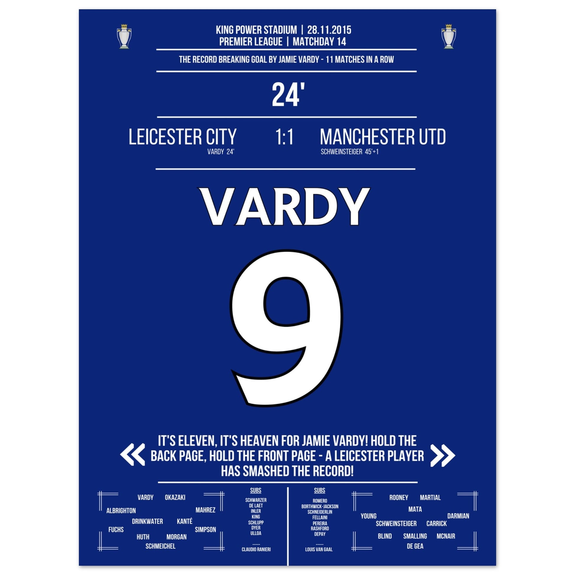 Vardy trifft im 11. Spiel in Folge und bricht den Premier League Rekord 45x60-cm-18x24-Ohne-Rahmen