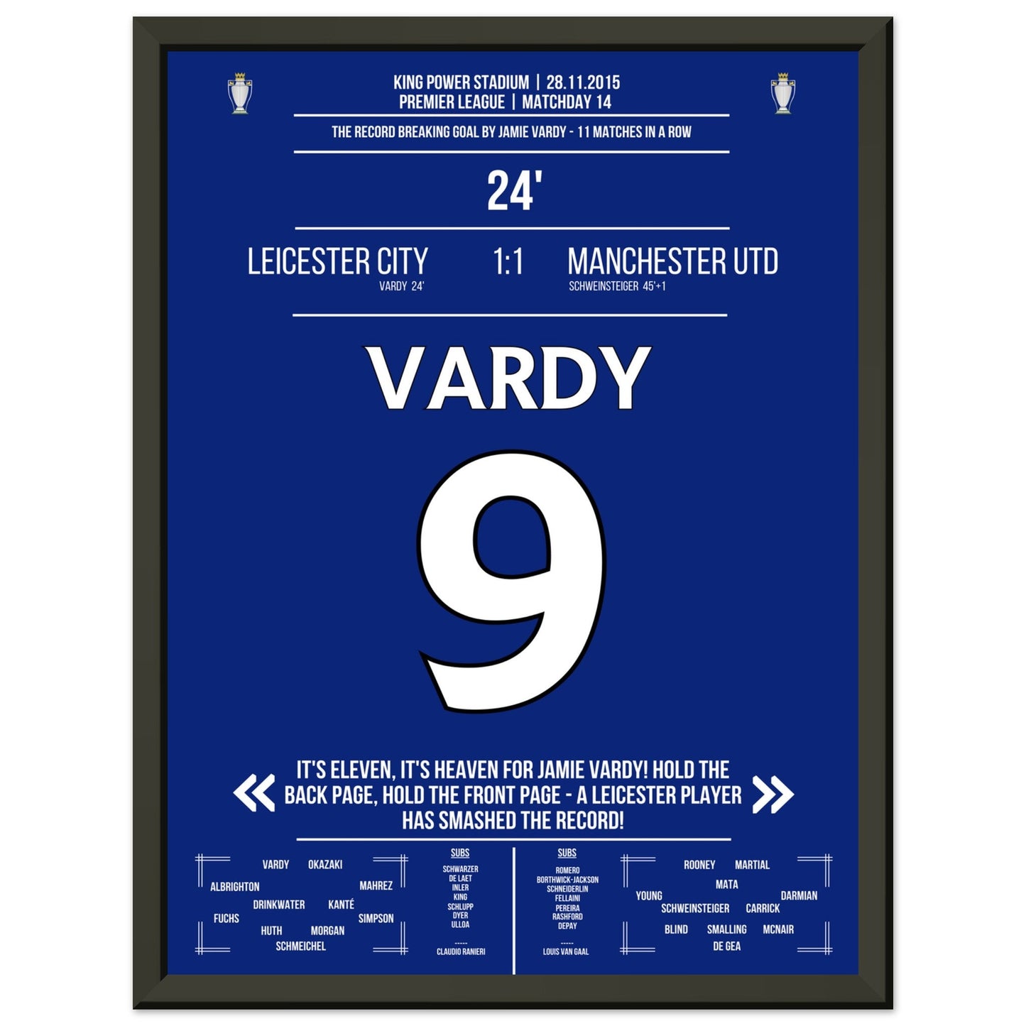 Vardy trifft im 11. Spiel in Folge und bricht den Premier League Rekord 30x40-cm-12x16-Schwarzer-Aluminiumrahmen