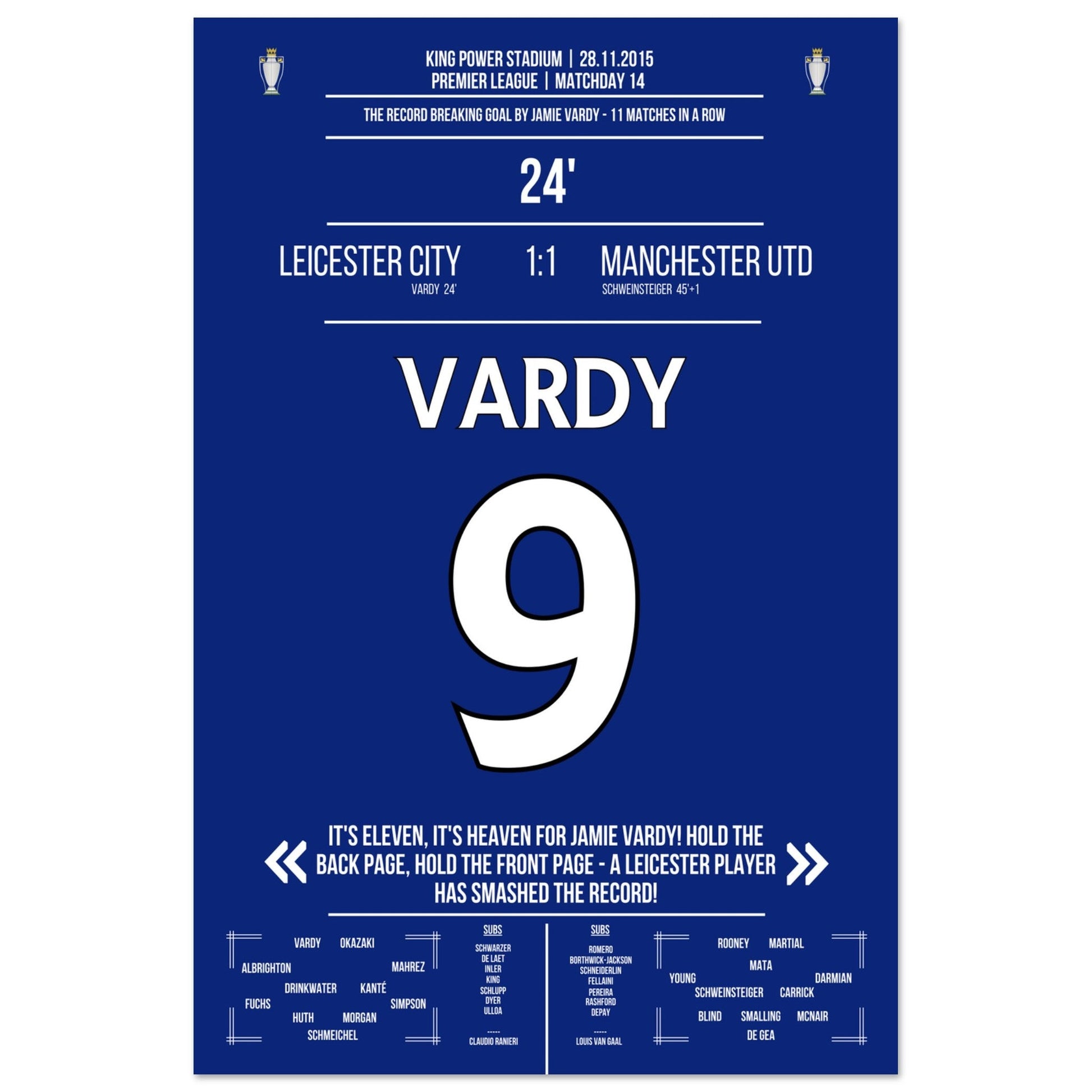 Vardy trifft im 11. Spiel in Folge und bricht den Premier League Rekord 60x90-cm-24x36-Ohne-Rahmen