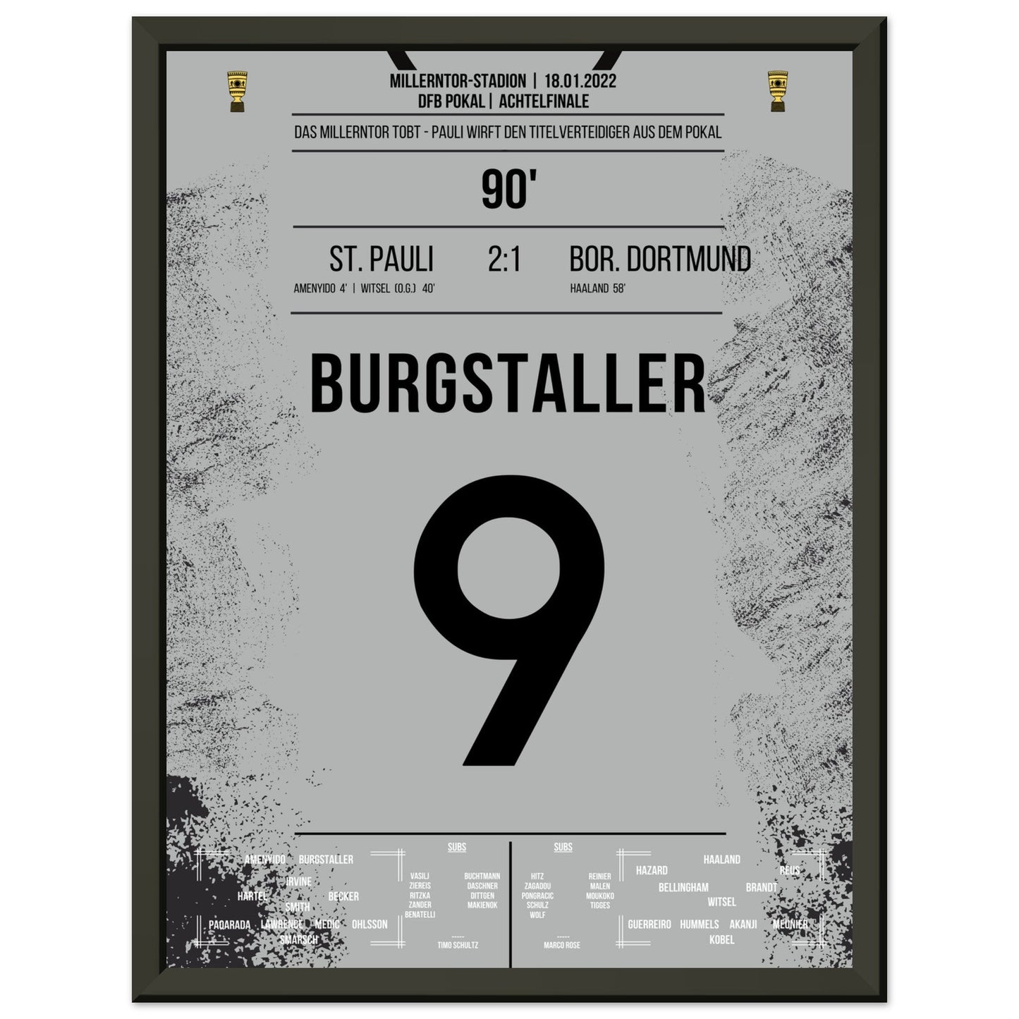 Wilde Pokalnacht auf dem Kiez! St Pauli wirft den Titelverteidiger Dortmund aus dem Pokal 30x40-cm-12x16-Schwarzer-Aluminiumrahmen